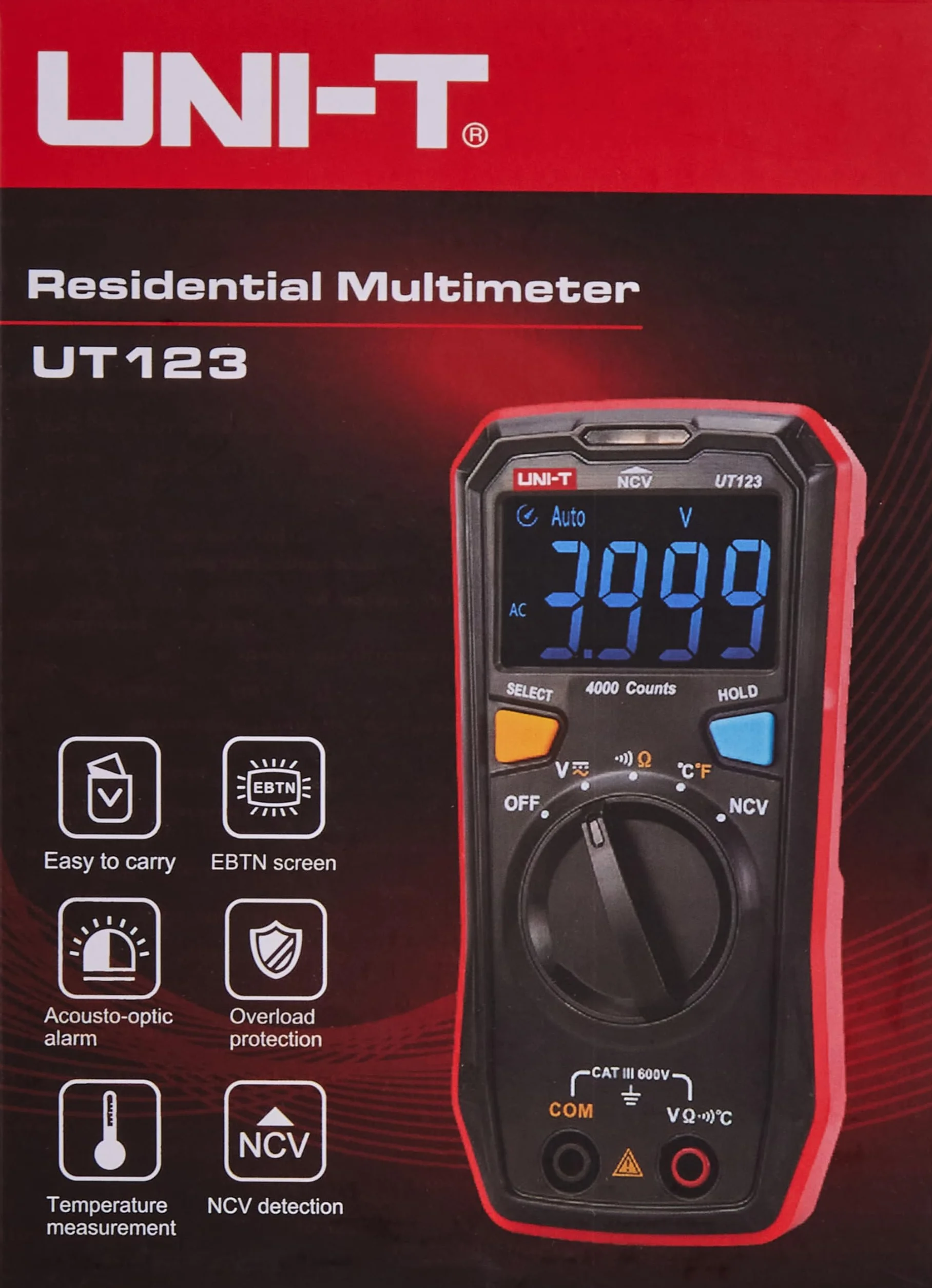 UNI-T UT123T Multimetr kieszonkowy mieszkalny, 600 V AC/DC, -40°C-300°C/-40°F-572°F