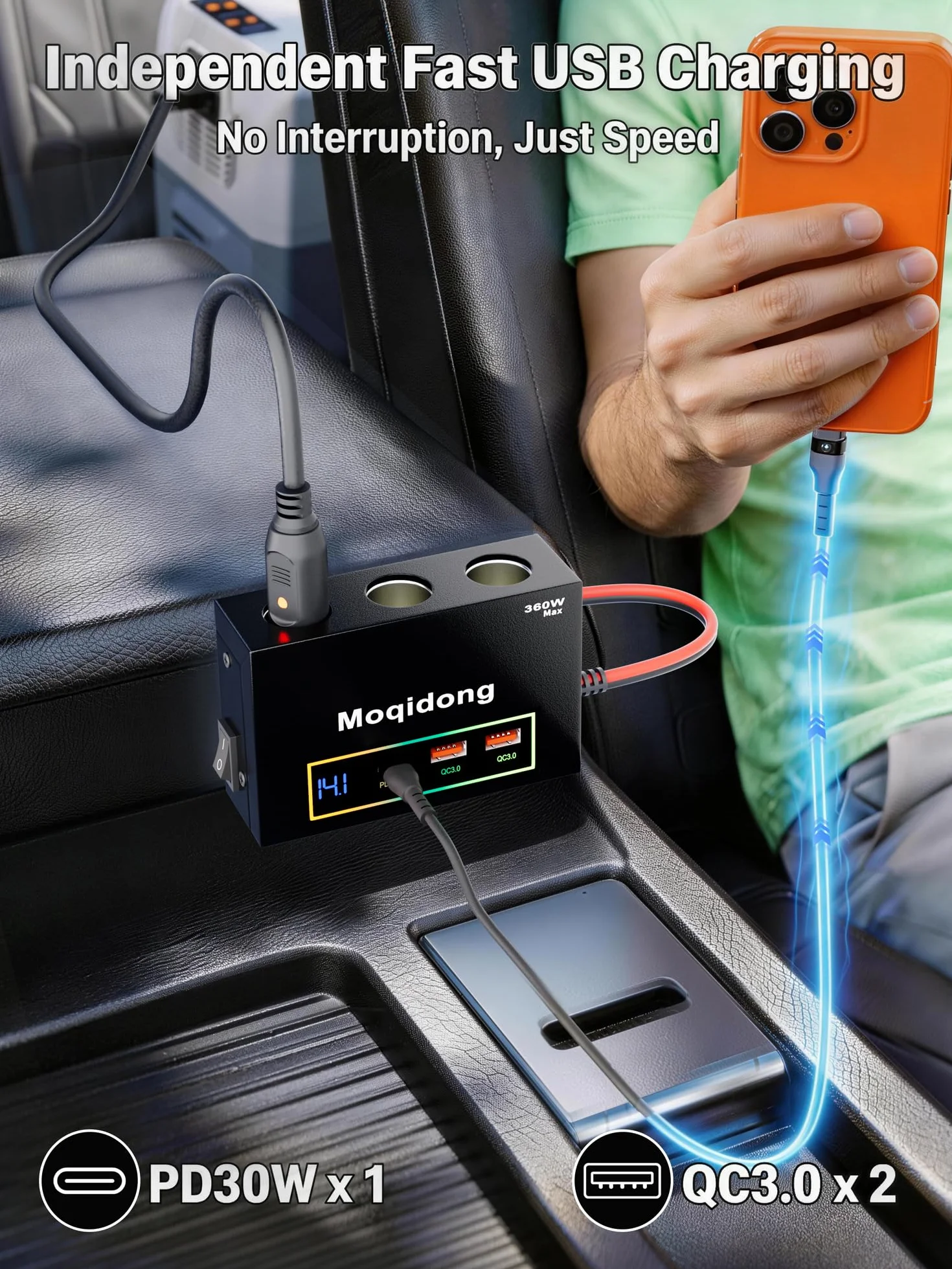 Adapter do zapalniczki samochodowej 360 W z zaciskiem oczkowym: 15 A metalowe gniazdo zapalniczki 12 V 30 W USB C gniazdo zasilania samochodowego 12 V rozdzielacz łódź port ładowania USB