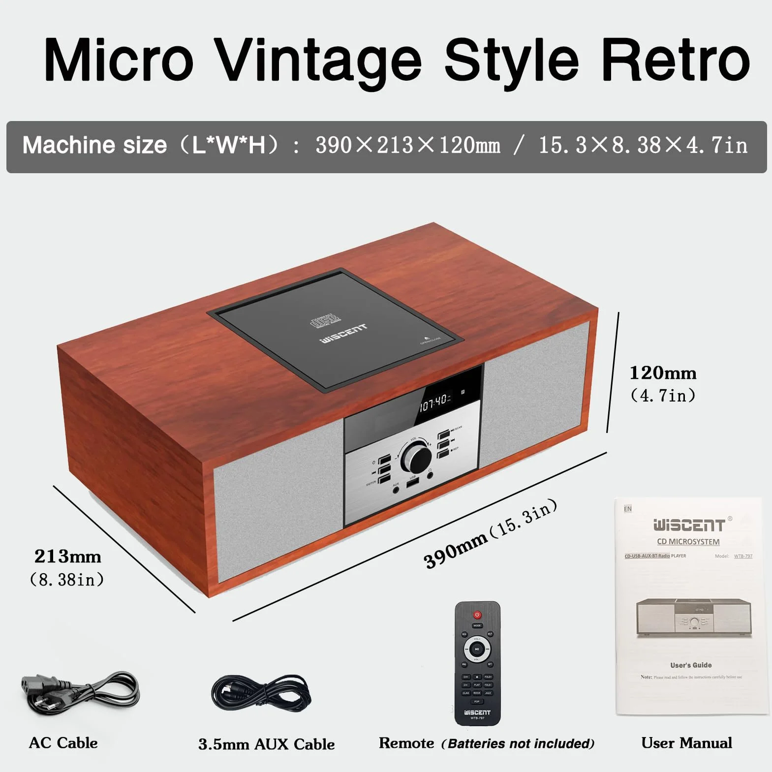 WISCENT Vintage Micro HiFi System Odtwarzacz CD Bluetooth Radio FM USB Aux-in