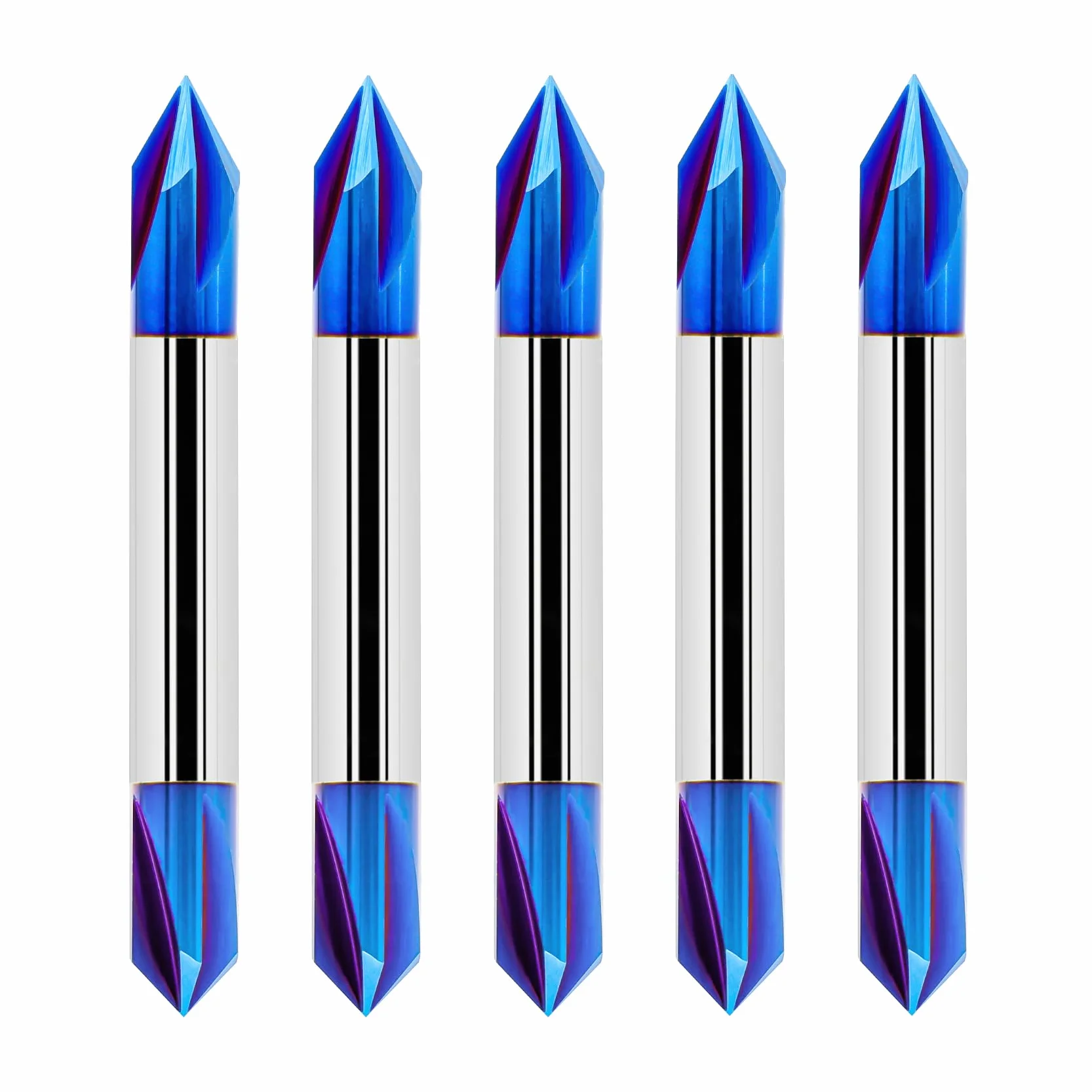 FOCSTOL Frezy CNC w kształcie litery V 60/90 stopni - 5 sztuk 4 śmigła V Rowek Frez z trzonkiem 6,35 mm z powłoką Nano Blue do grawerowania i fazowania CNC drewno sklejka płyta wiórowa MDF