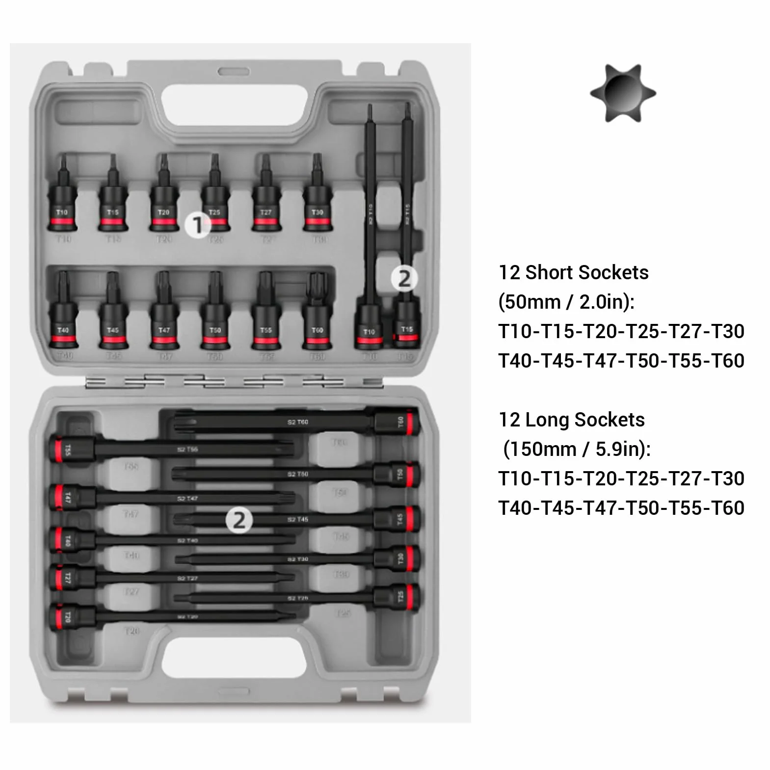 24 szt. Zestaw Nasadek Udarowych 3/8 Cala, Nasadki Bitowe ze Stali Stopowej S2 T10 T60 2 Cale 6 Cali z Pudełkiem Formowanym z Rozdmuchem