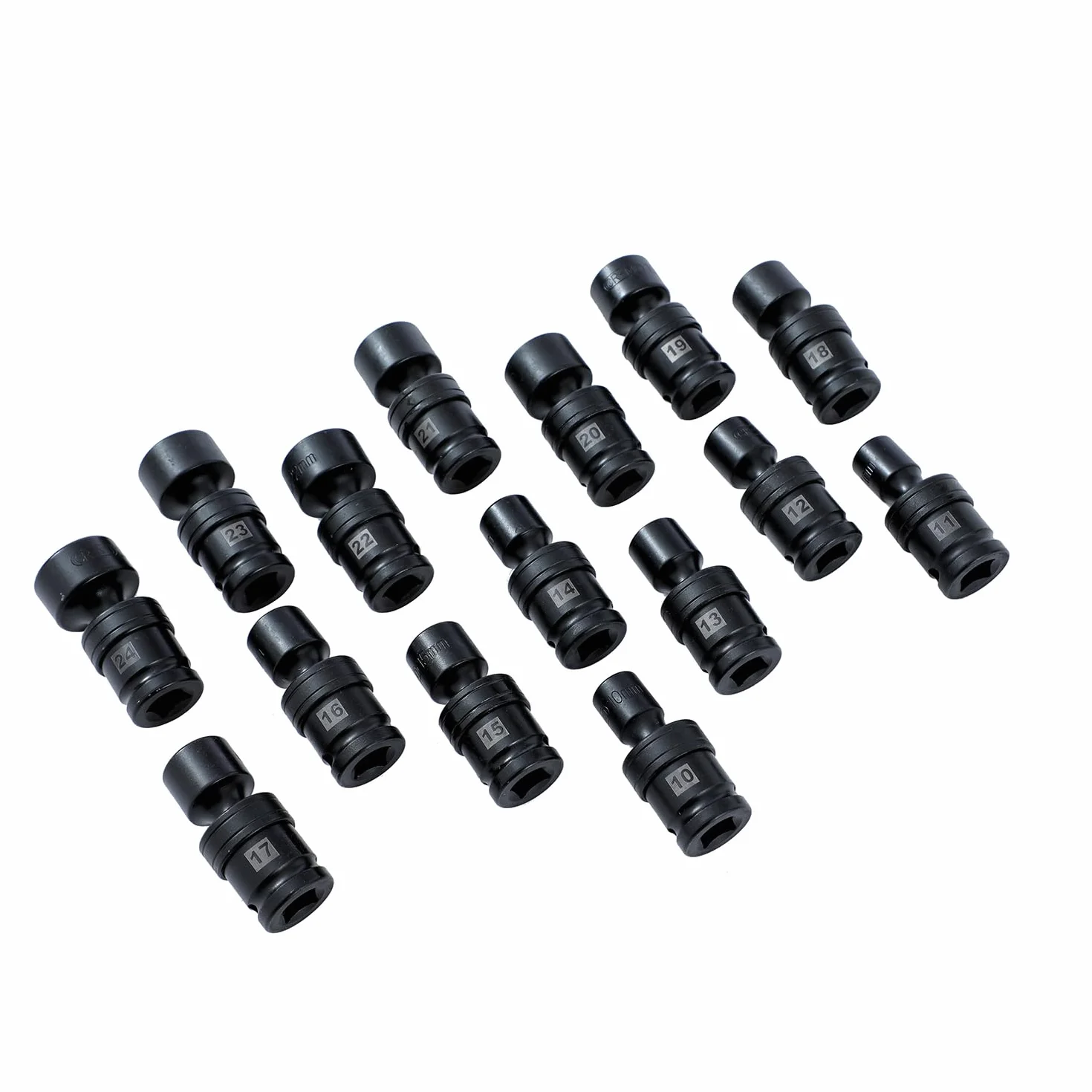KATSU Tools 1/2-calowy napęd obrotowy zestaw nasadek udarowych, 15-częściowy, metryczny, 10-24 mm, 6-punktowy, stal CR-MO, uniwersalne, elastyczne, płytkie gniazda 420412