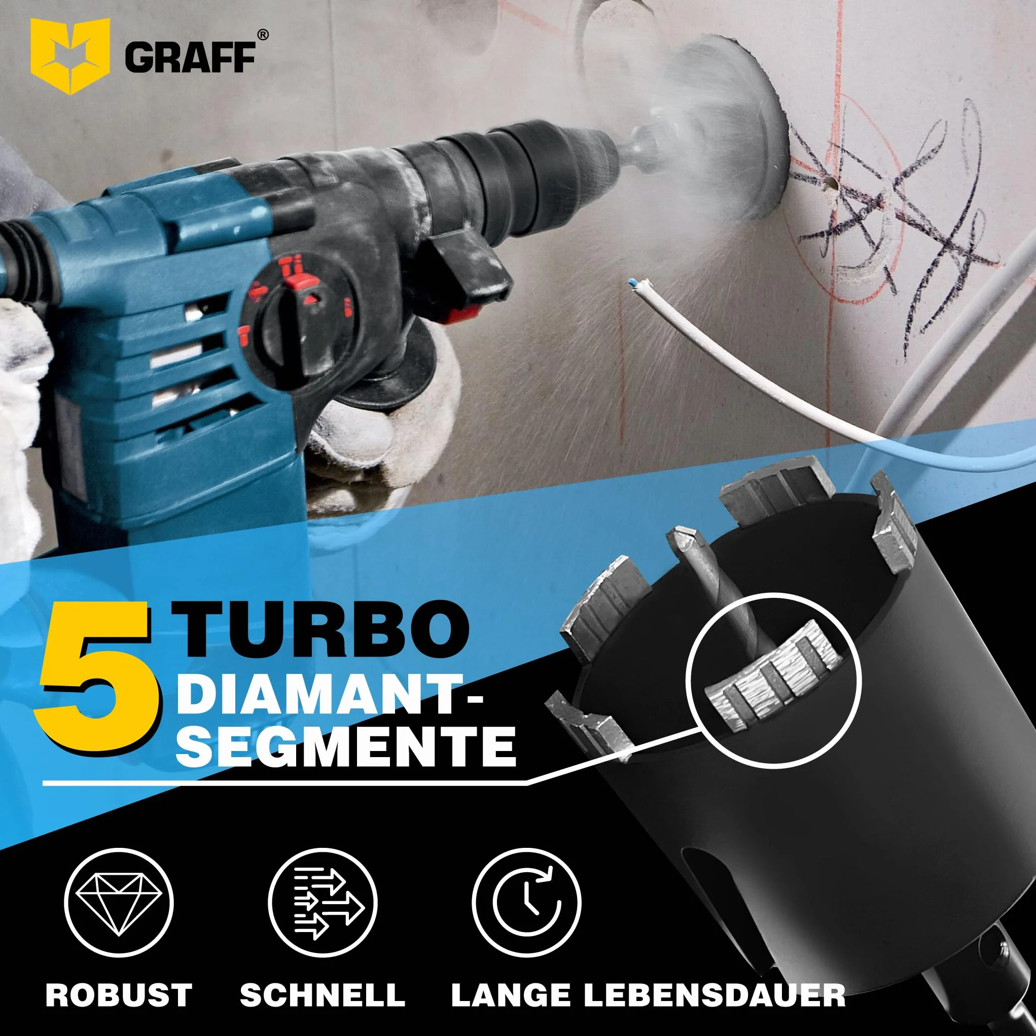 GRAFF Wiertło Diamentowe 82 mm - Zestaw Wierteł Diamentowych do Betonu Muru Cegła Poroton Tynk Skalny - Wiertło do Gniazdka i Otwornica Koronowa do Adapter SDS-plus