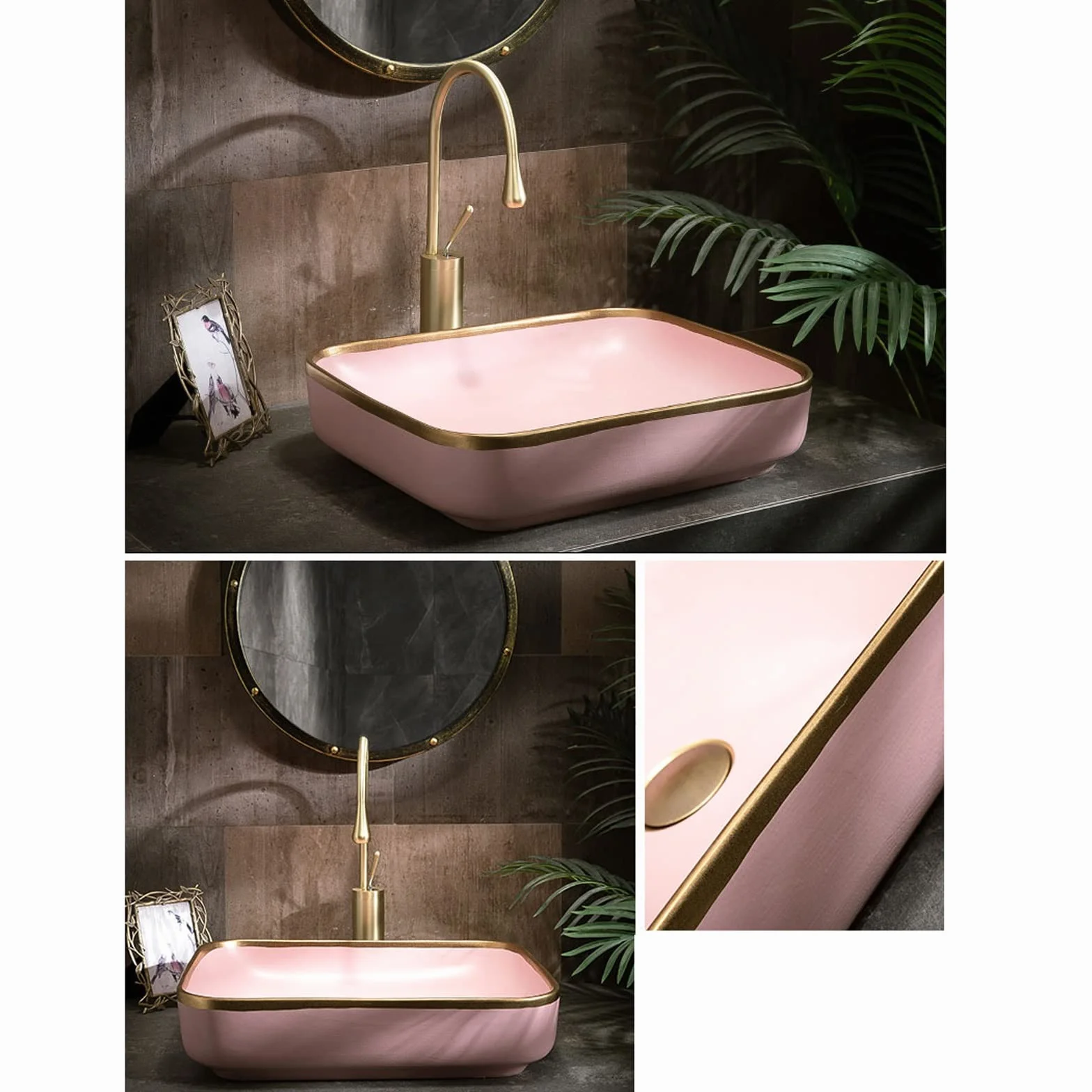 Umywalka Łazienkowa 20,4"×15,7" Prostokątna Umywalka Nablatowa Golden Edge Porcelanowa Ceramiczna Umywalka Nablatowa Umywalka Nablatowa Artystyczna Umywalka Idealna (Roze)