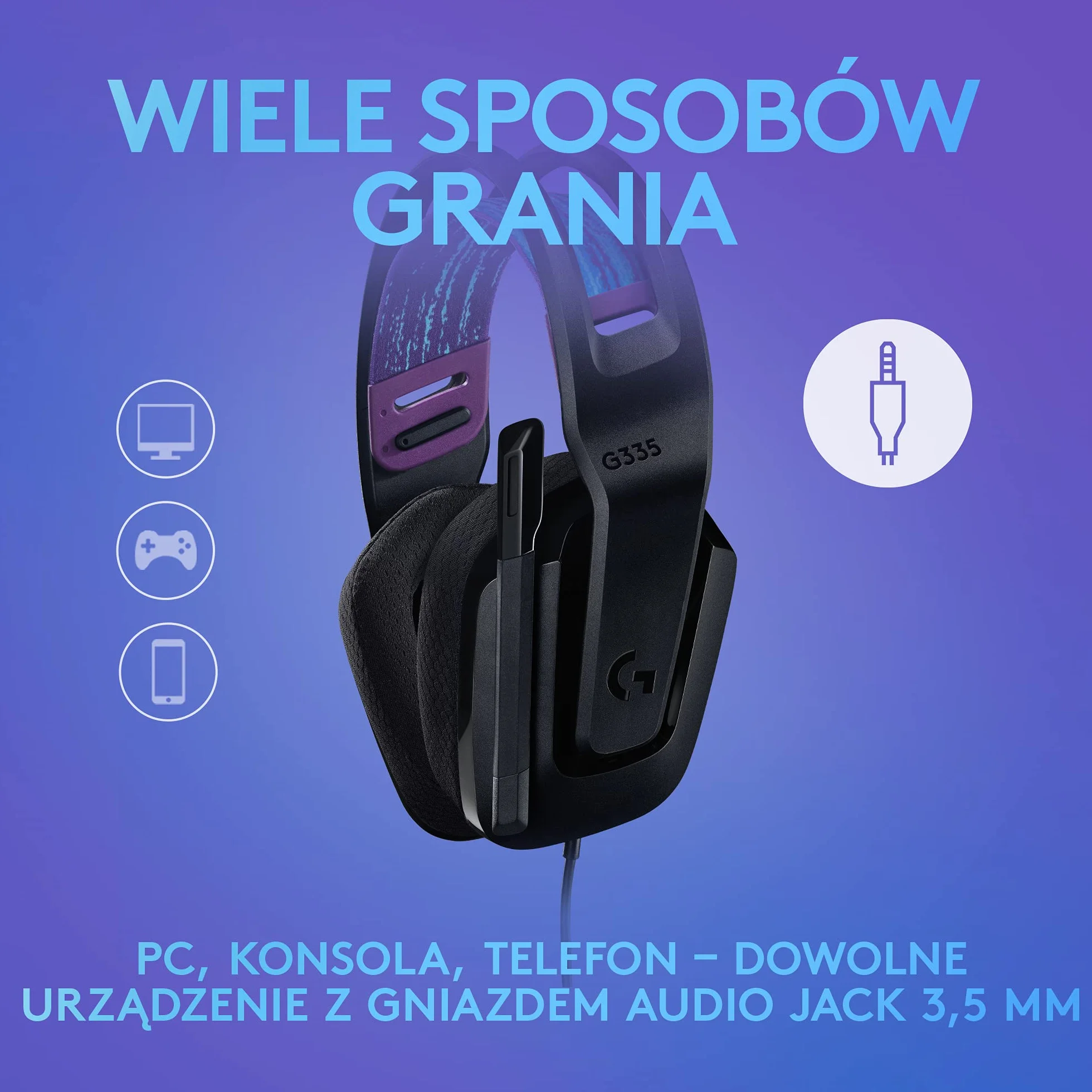 Logitech G335 Przewodowy zestaw słuchawkowy do gier z mikrofonem Flip to Mute, Mini Jack 3,5 mm, nauszniki z pianki memory, kompatybilny z PC, PlayStation, Xbox, Nintendo Switch - Czarny
