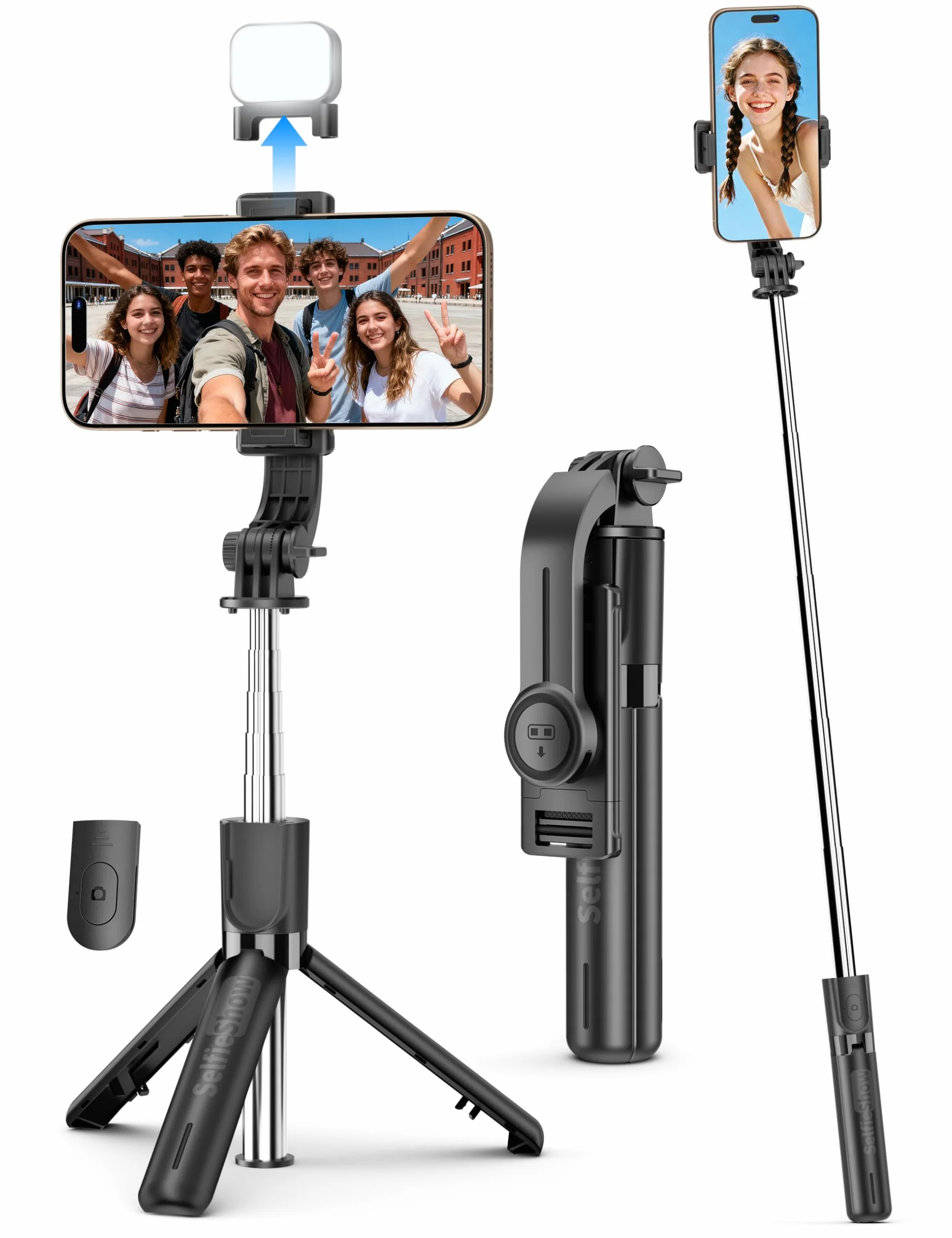 Mini statyw podróżny do selfie z lampką, wysuwany kij z pilotem do iPhone'a