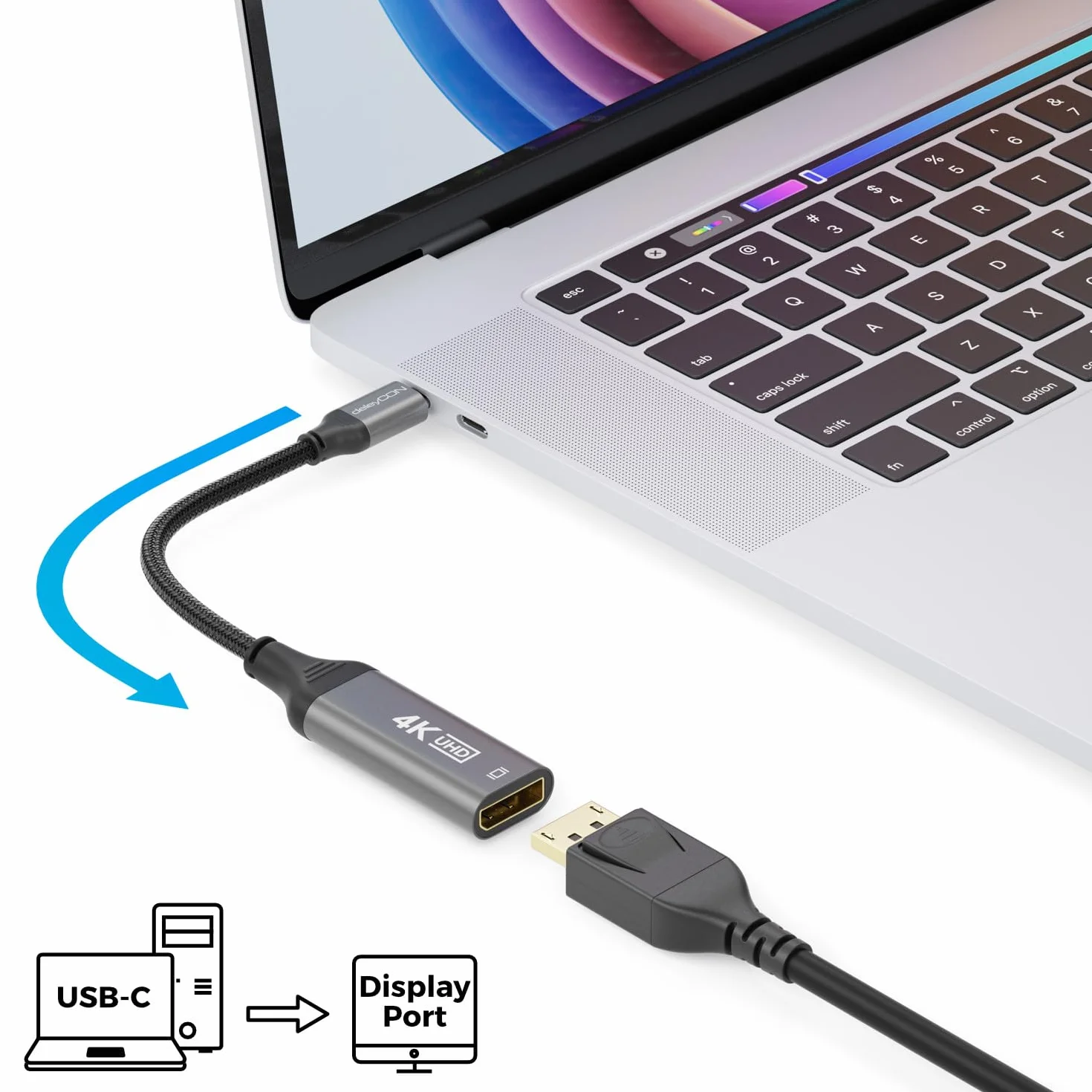 deleyCON 4K USB C do DisplayPort Adapter Kabel 4K@60Hz 2K@165Hz 144Hz 120Hz HDR Thunderbolt 3/4 Konwerter Kompatybilny z S24 S25 iPhone iPad MacBook Tablet Laptop Telefon do Monitora DP