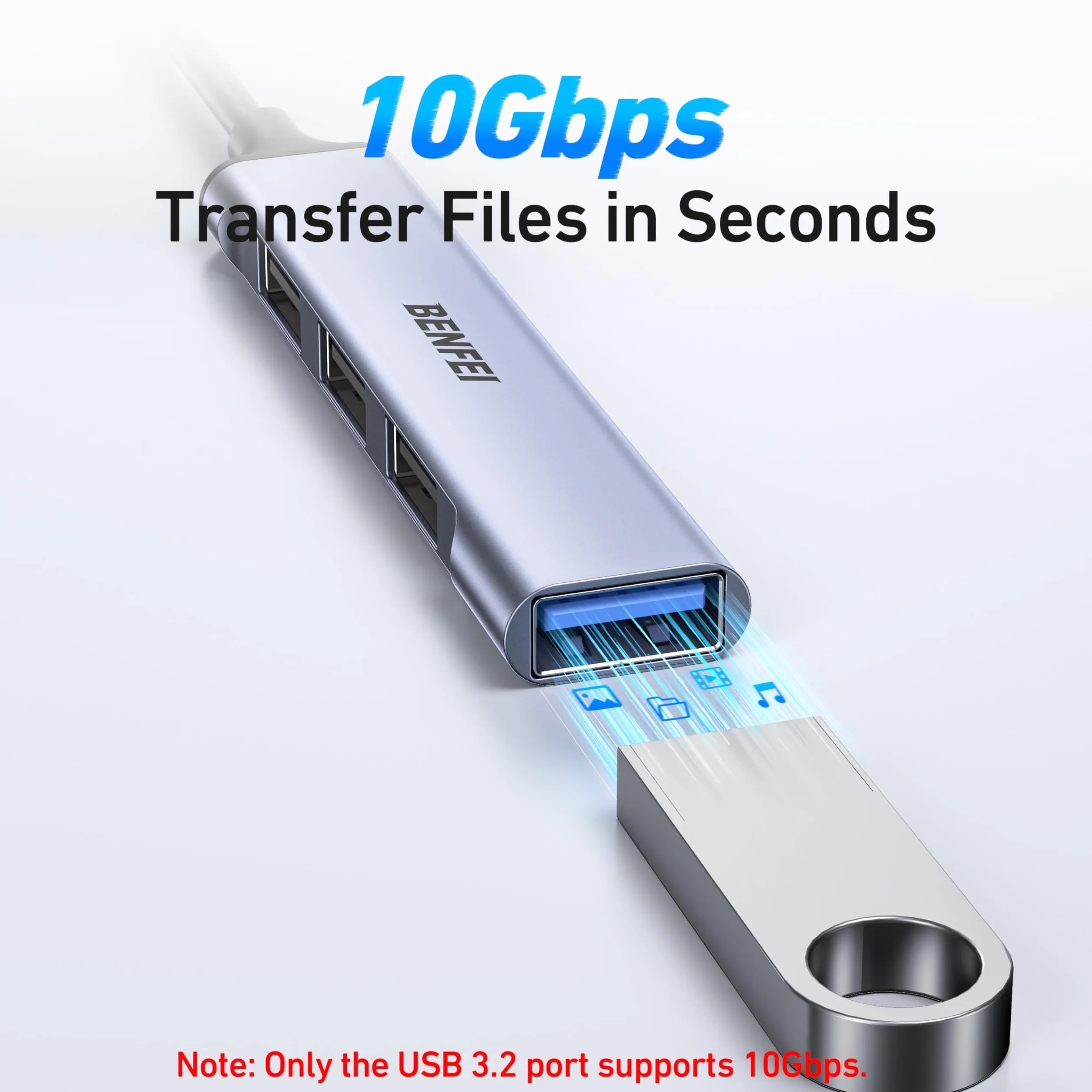 BENFEI 4-portowy hub USB: 1 x 10 Gb/s USB 3.2 + 3 x USB 2.0 - do myszy, klawiatury, pendrive'a, drukarki - kompatybilny z laptopem, PC, Xbox, PS5