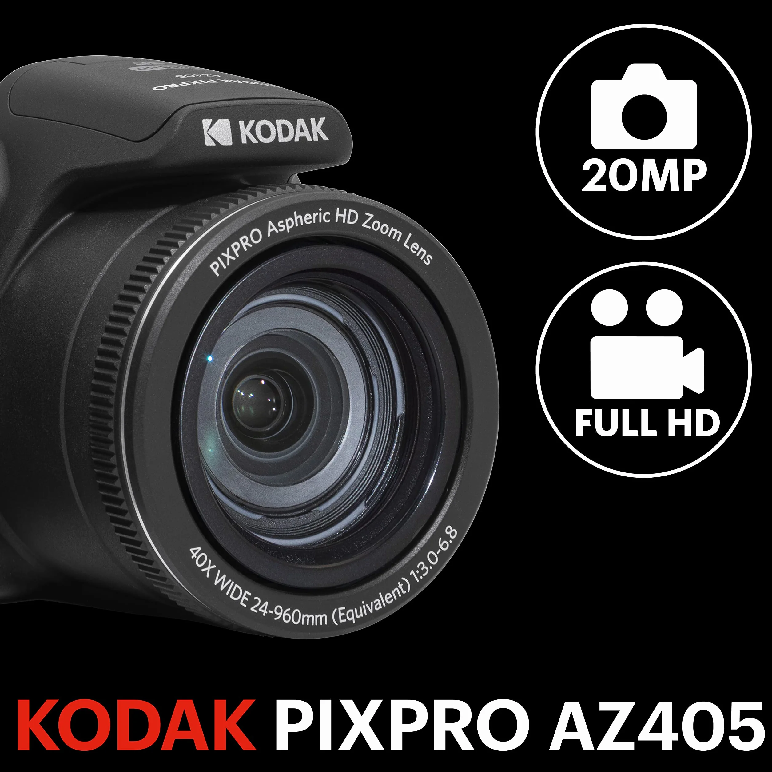 KODAK PIXPRO Astro Zoom AZ405-BK aparat cyfrowy 20 MP z 40-krotnym zoomem optycznym, szeroki kąt 24 mm, wideo 1080p Full HD i 3-calowym LCD (czarny)