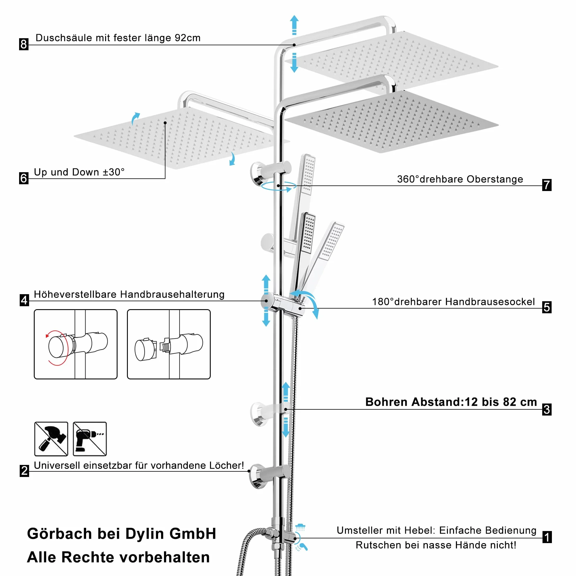 Görbach System Prysznicowy Stal nierdzewna Zestaw Prysznicowy Regulowana Wysokość Łazienka Prysznicowa z Słuchawka Prysznicowai,Głowica Prysznicowa Stal nierdzewna 30x30cm.
