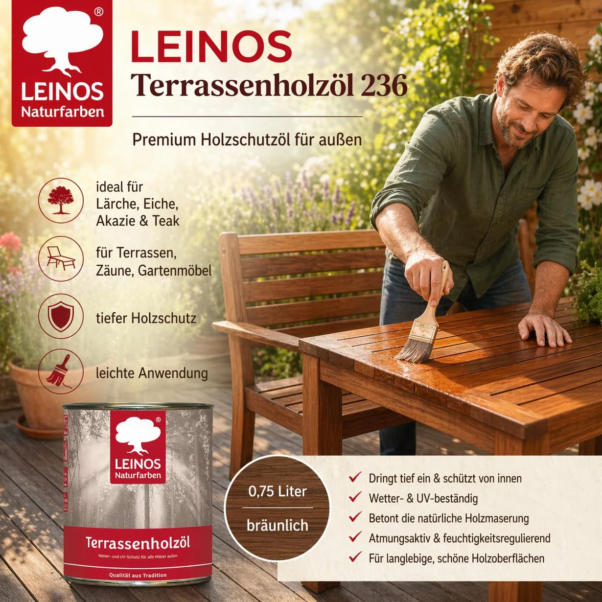 Leinos Olej do drewna tarasowego, 0,75 l, brązowawy olej do ochrony drewna premium do ochrony drewna modrzewiowego, dębu, drewna tekowego i akacji, do mebli ogrodowych i tarasów