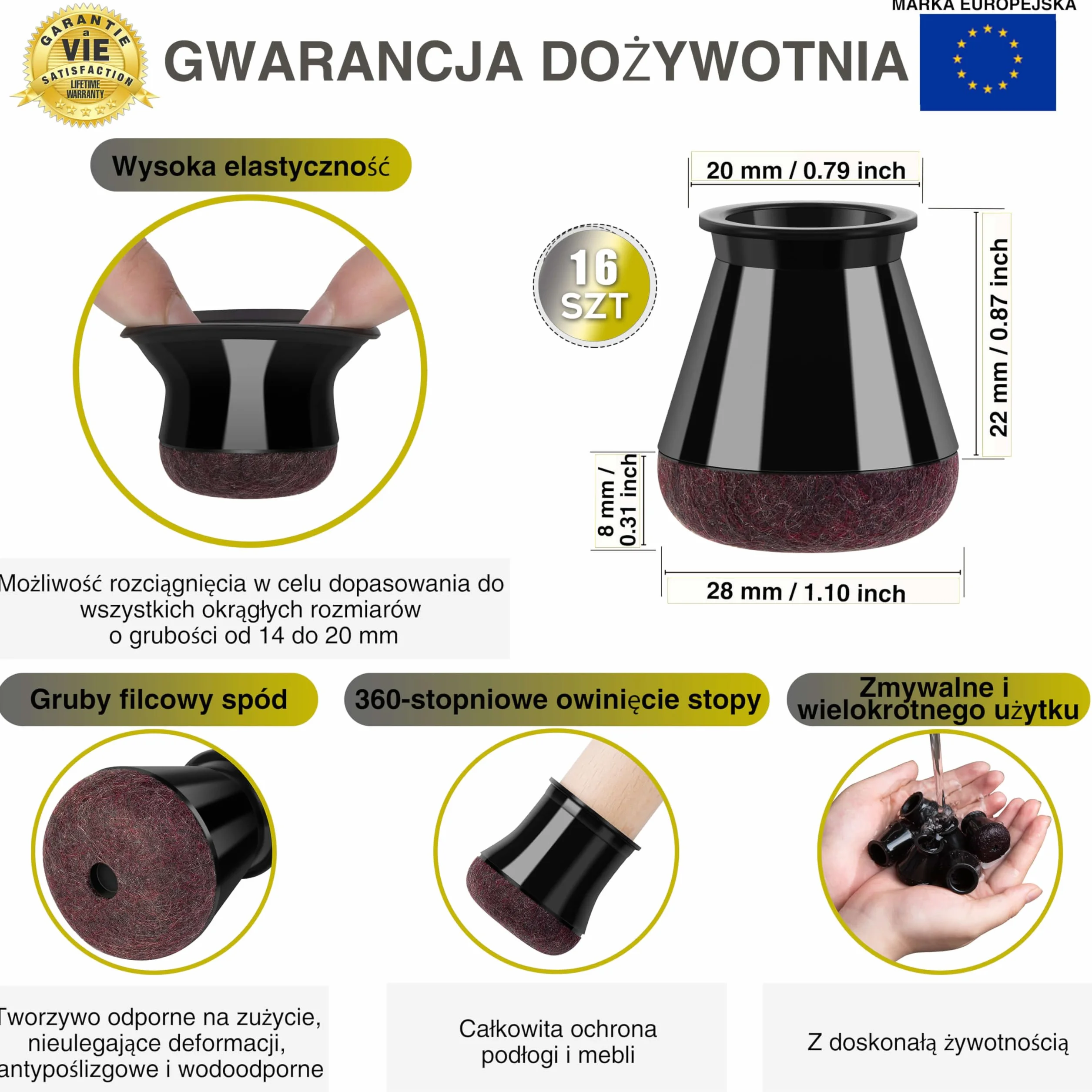 ✮Dożywotnia Gwarancja|Podkładki pod Nóżki Krzesła|16 sztuk|14-20MM|Podkładka Krzesła,Chroni podloge i zapewnia Ciszę i Słońce|Nakładka na krzesło, Gruby Filc Przeciw zadrapaniowy|Trwały Silikon,Czarny