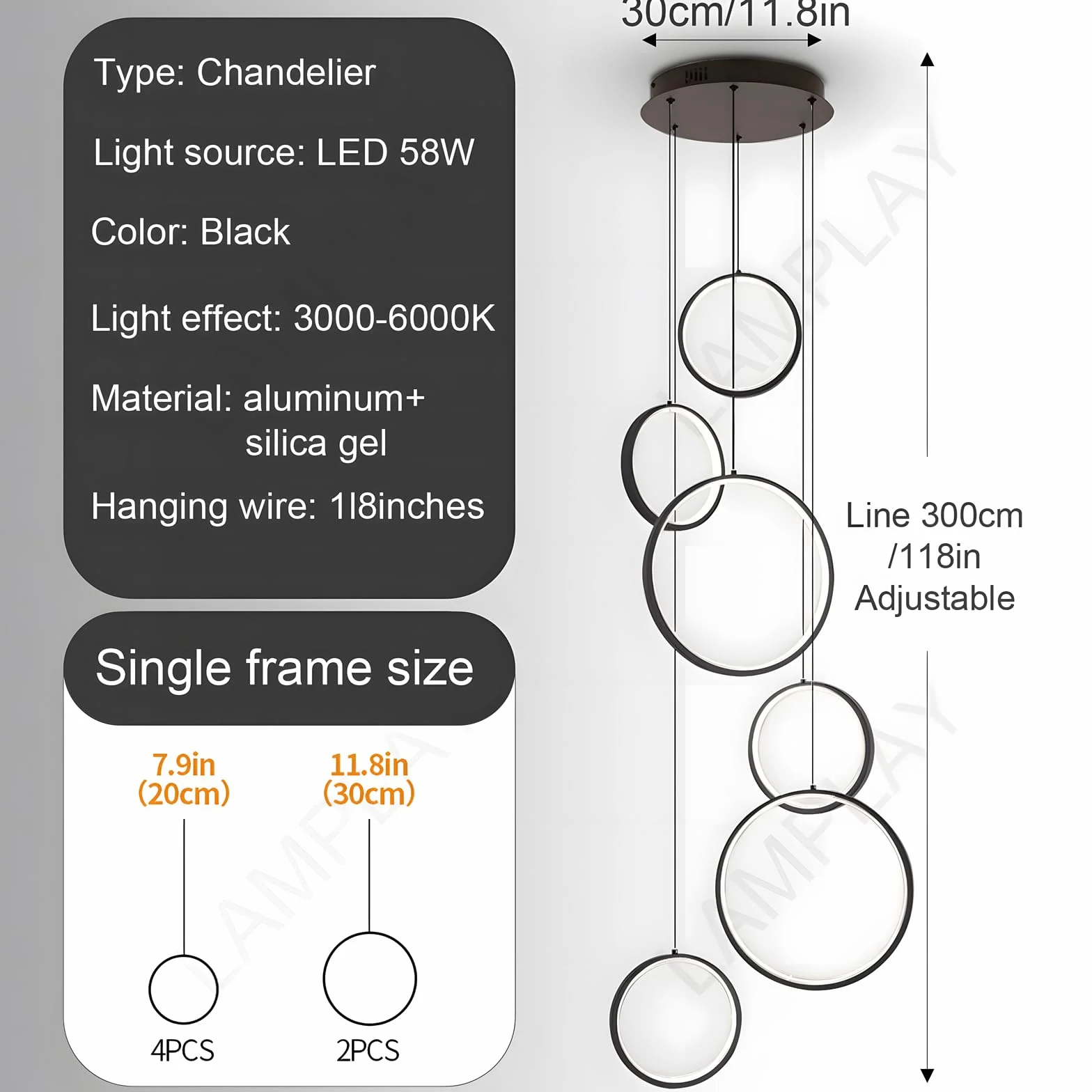 LED Długi Żyrandol Schodowy, Nowoczesna Lampa Na Wysoki Sufit Z 6 Czarnymi Pierścieniami, Lampa Wisząca DIY Z Regulacją Wysokości, Ściemniana Za Pomocą Pilota 3000K-6000K, Schody, Willa