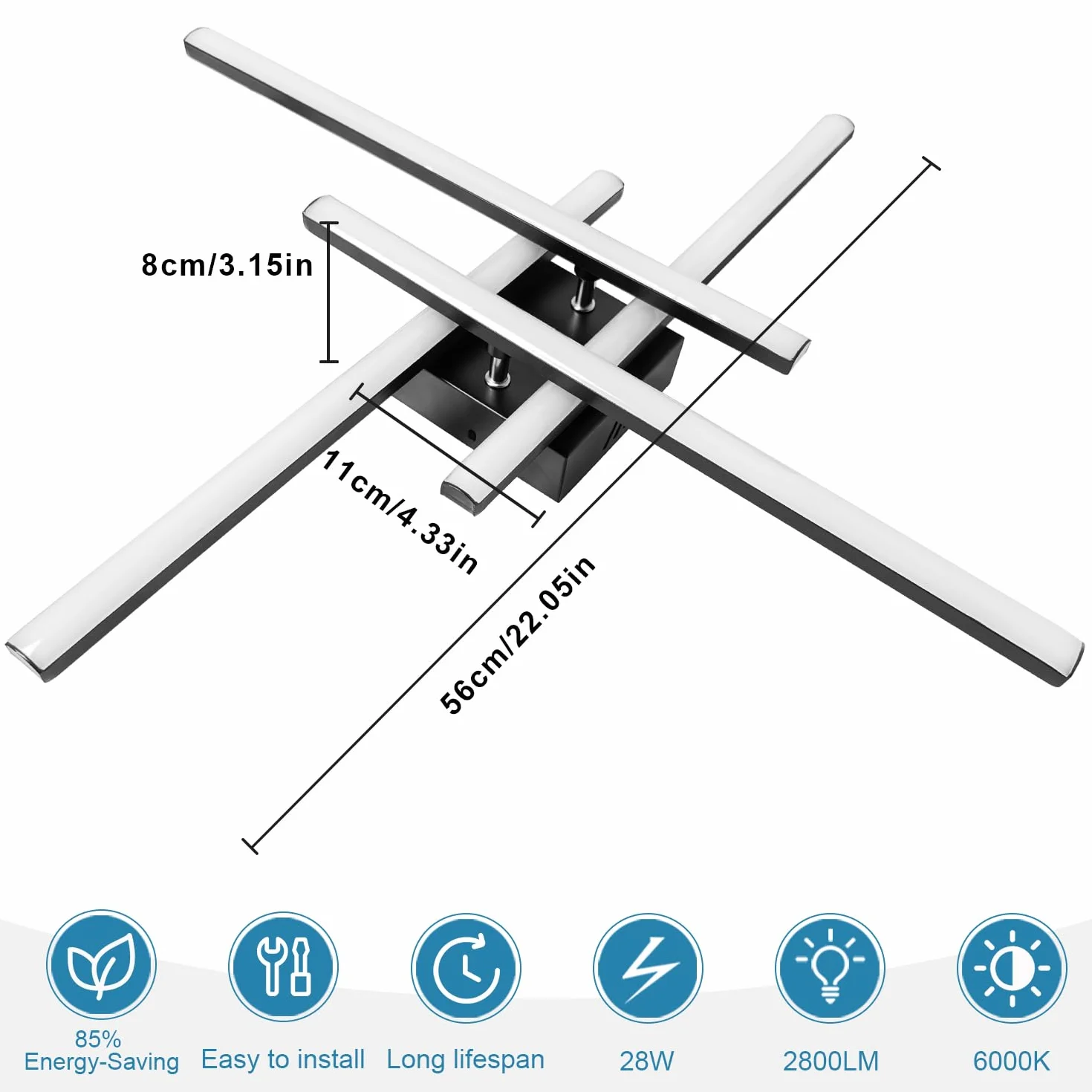 Lampa sufitowa LED, 28W 2800LM oświetlenie sufitowe LED do sypialni, Zimne Białe 6000K Nowoczesne Lampy Sufitowe Czarne do salonu kuchni i przedpokoju