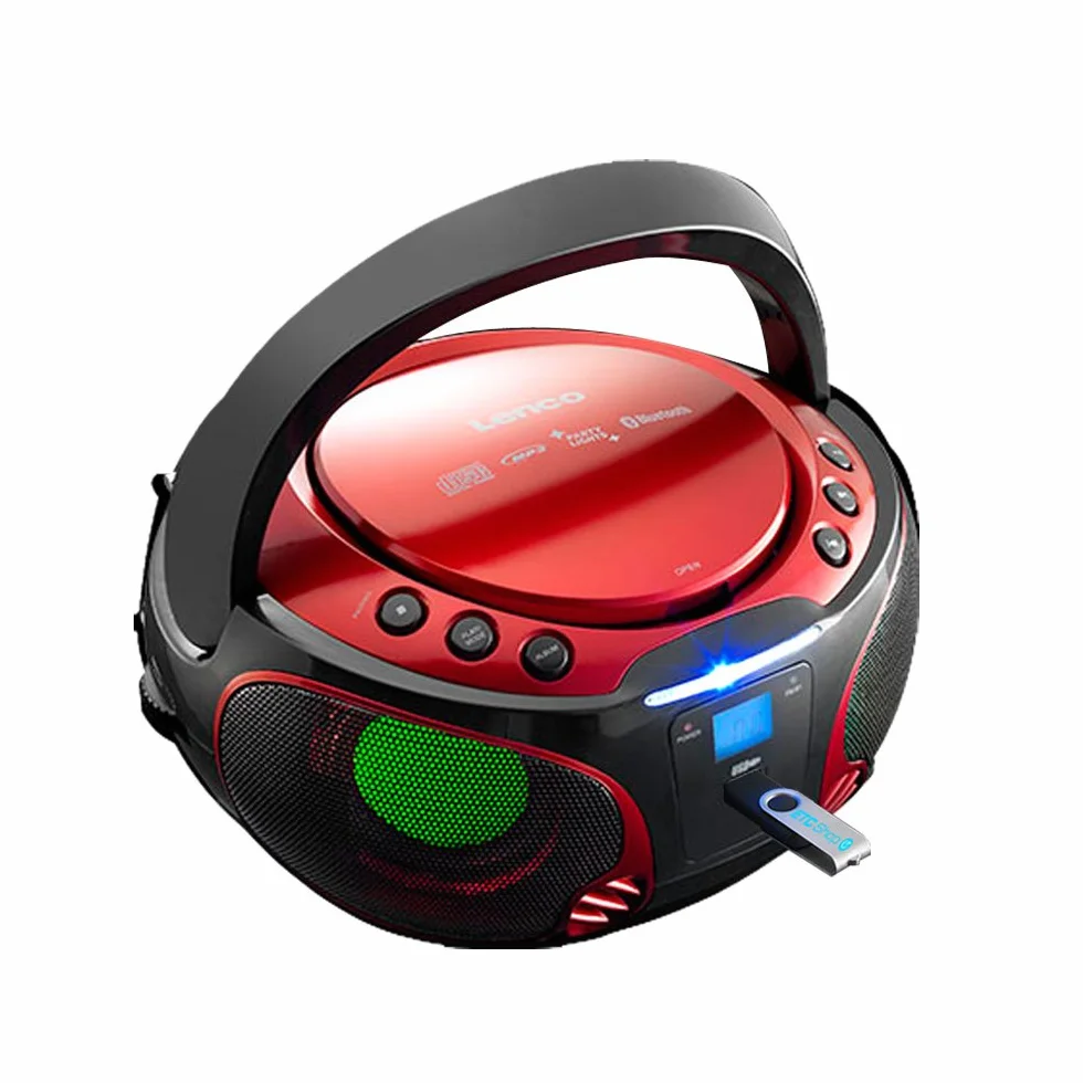 Lenco SCD-550 Boombox imprezowy z oświetleniem dyskotekowym, przenośny stereo, radio FM, CD, Bluetooth, USB, czerwony