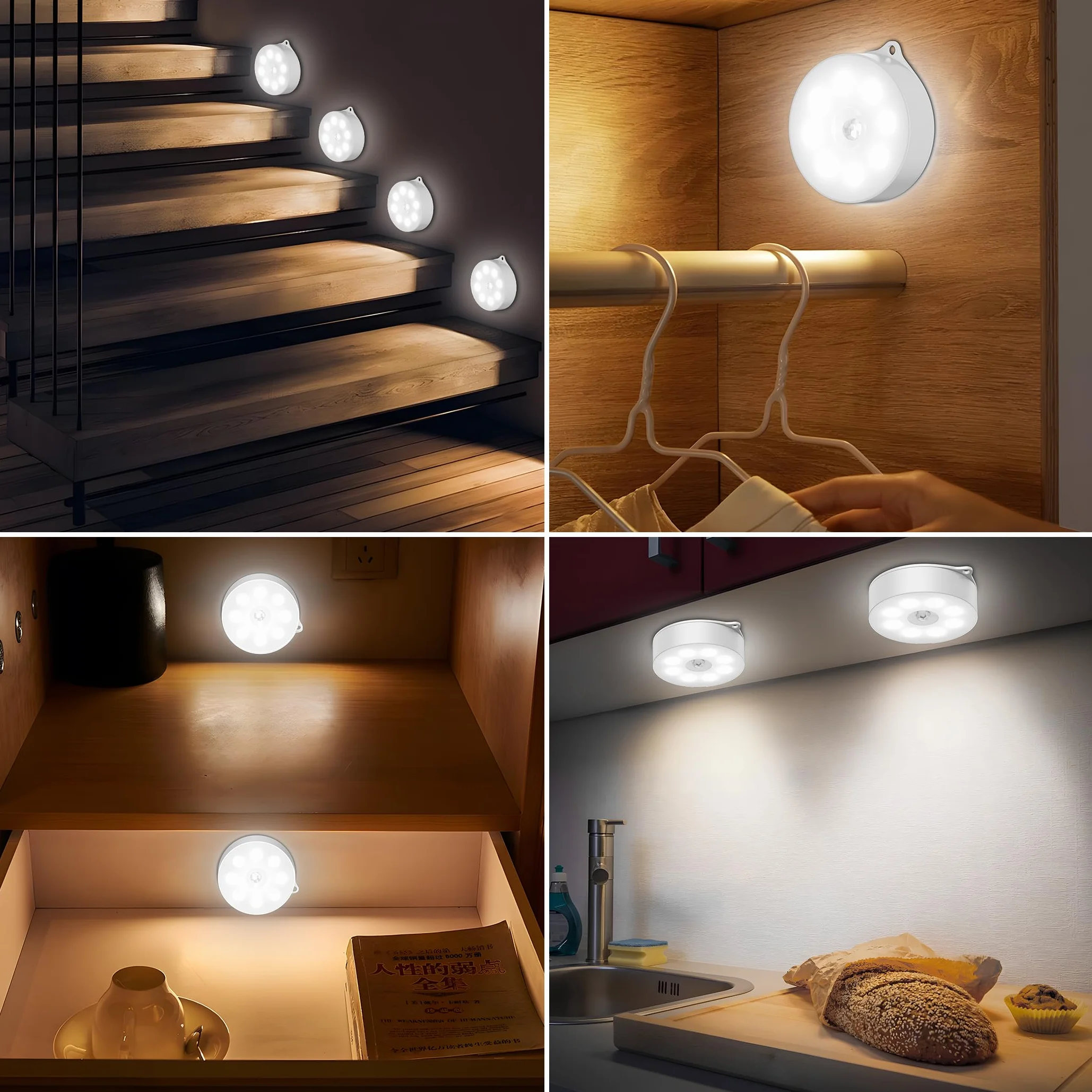 Lampka nocna z czujnikiem ruchu, 3 x baterie AAA, bezprzewodowe lampki LED do naklejenia, oświetlenie szafki, czujnik ruchu do wewnątrz na schody, kuchni, pokoju dziecięcego (zimna biel, 3 sztuki)