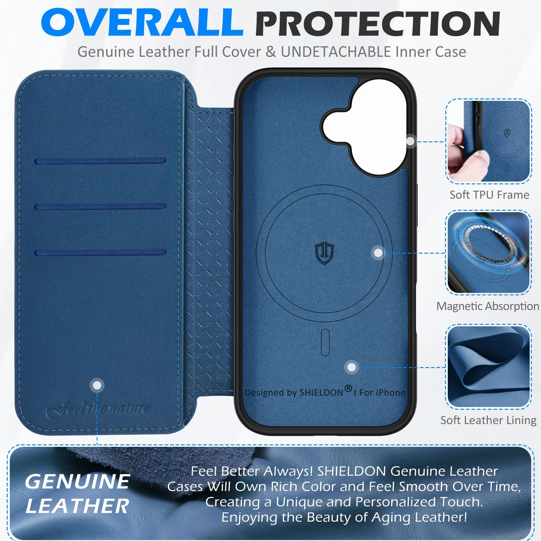 Shieldon Etui Skórzane Portfelowe iPhone 17 Magnetyczne Ladowanie Bezprzewodowe RFID Odporne na Wstrząsy Królewski Niebieski