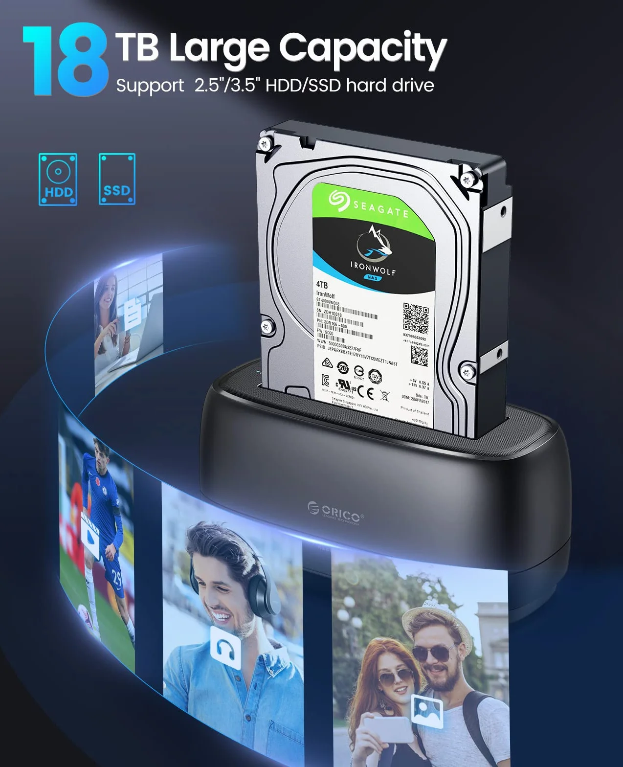 ORICO Stacja dokująca do dysków twardych USB 3.0 SATA 2,5" 3,5" HDD SSD 20 TB 1 BAY czarny