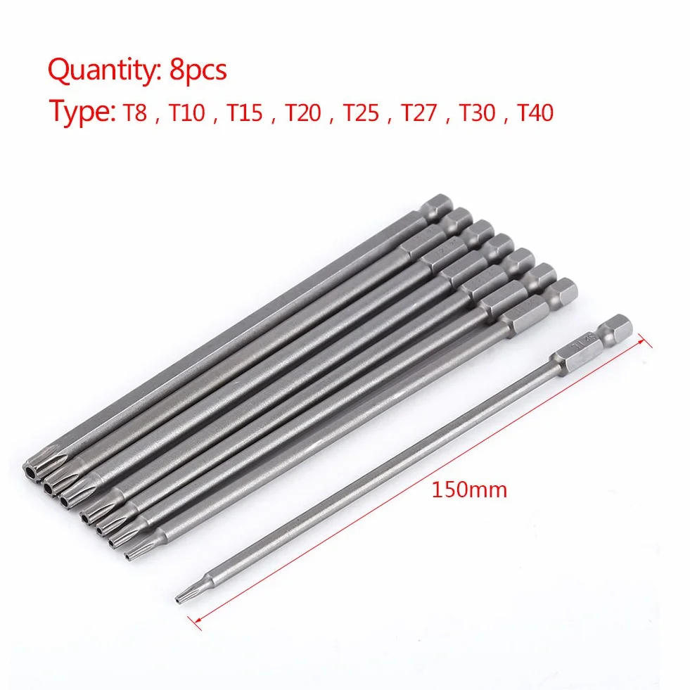 8 Sztuk 150mm S2 Steel Star T8, T10, T15, T20, T25, T27, T30, T40 Torx Torx Długie Bity Głowica Wkręów Zestaw Narzędzi Ręcznych Wiertła Zestaw Śrubokrętów Magnetycznych