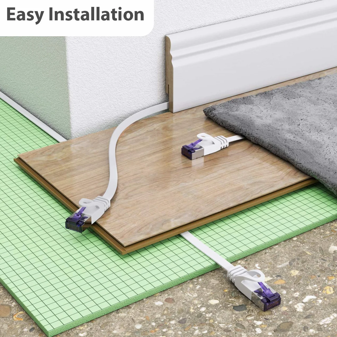 deleyCON 2m Płaski CAT7 Kabel Sieciowy 10 Gbit/s Gigabit LAN RJ45 Ethernet Patchkabel Biały