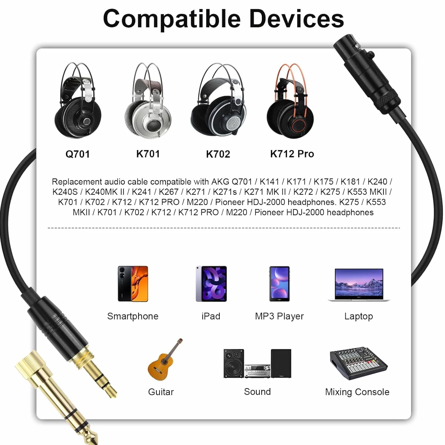 Toxaoii Kabel audio AUX kompatybilny z AKG Q701, K712, K240, K240S, K240 MK II, K141, K171, K181, K271, K271S, K271 MK II, K241, K175, K275, kabel słuchawkowy (pleciony nylon)