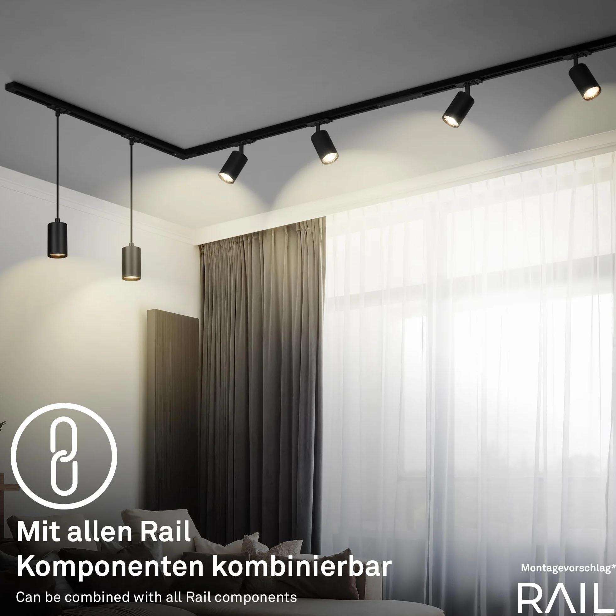 BRILONER - System szyn szynowych, kompletny zestaw, 4x GU10 reflektory obrotowe, 2x GU10 zawieszenia, kształt L, system szyn oświetleniowych do sufitu, szyna punktowa, lampa sufitowa, reflektor