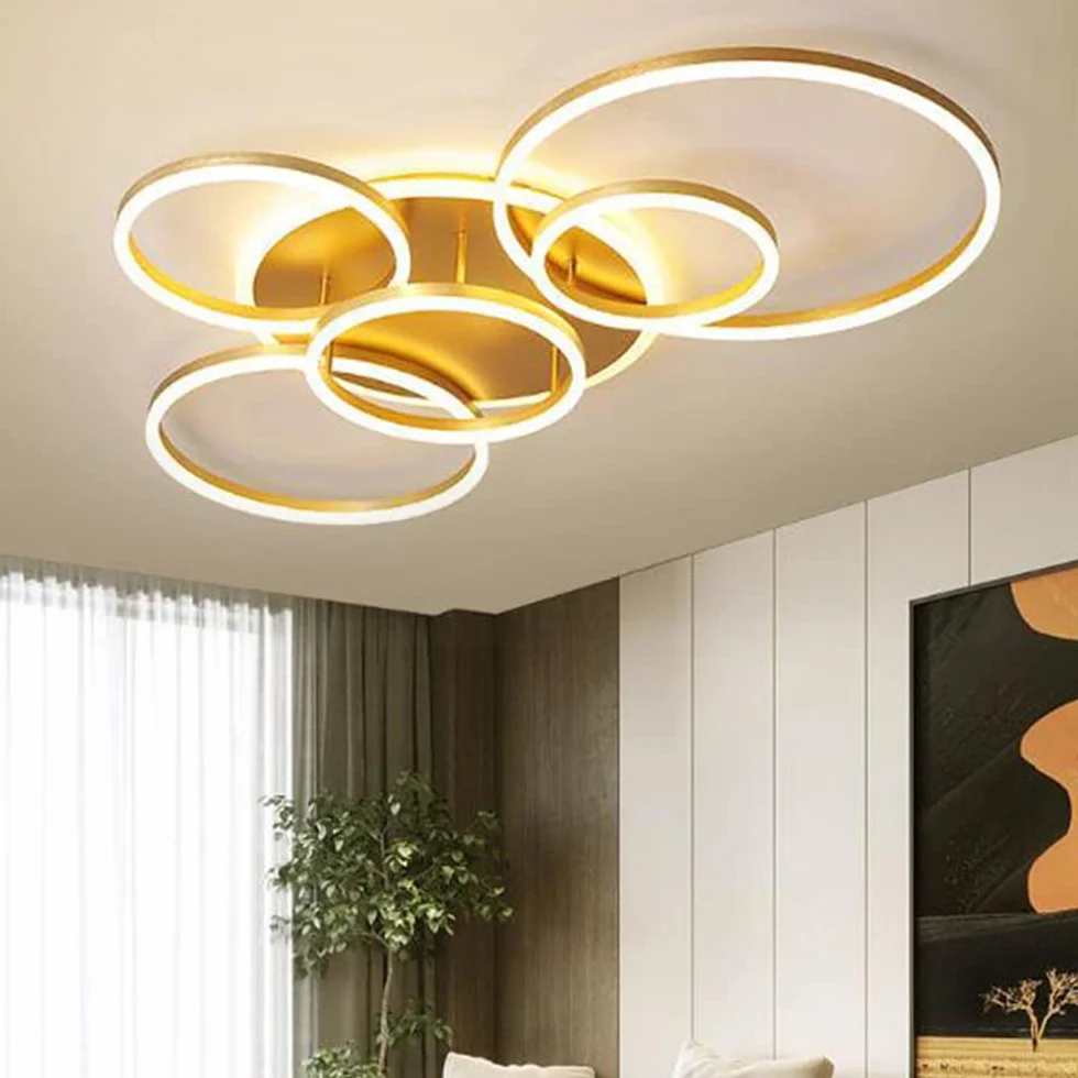 Lampa Sufitowa LED Nowoczesna Lampa Sufitowe Do Salonu Możliwość Przyciemniania Okrągły żyrandol Sypialnia Jadalnia Pokój Dziecięcy Lampa Eisząca Biuro Oświetlenie Wewnętrzne 6 Kółek,Gold