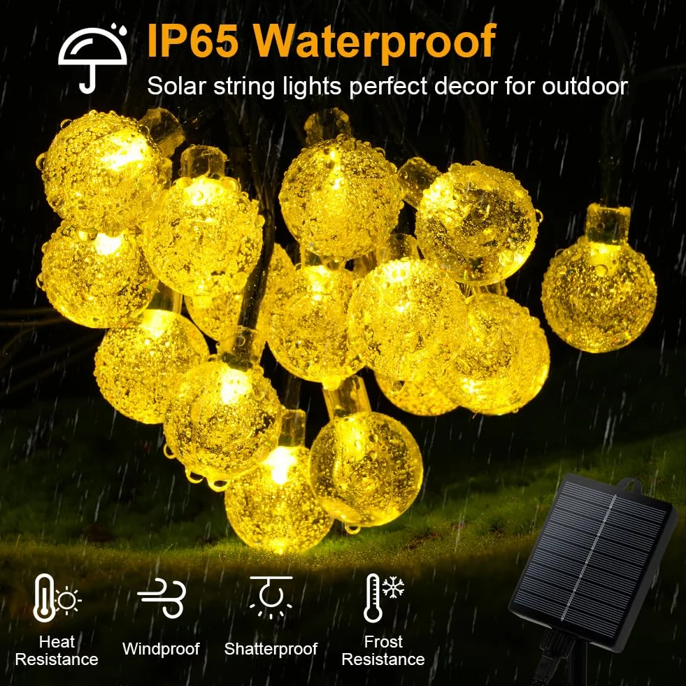 AUAUY solarny łańcuch świetlny na zewnątrz, odporny na warunki atmosferyczne, 7 m, 50 diod LED, 8 trybów pracy, IP65, solarny łańcuch świetlny z kryształowymi kulkami, na zewnątrz/do wnętrz