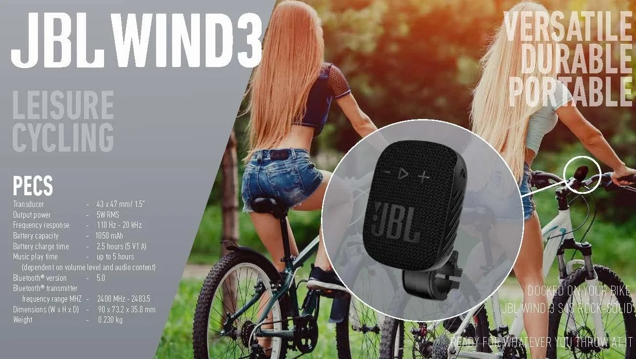 JBL Box Wind 3S przenośny mini głośnik Bluetooth, wodoszczelny, z klipsem, do uprawiania sportu, roweru i skutera, Bass Boost - biały, jasnoszary