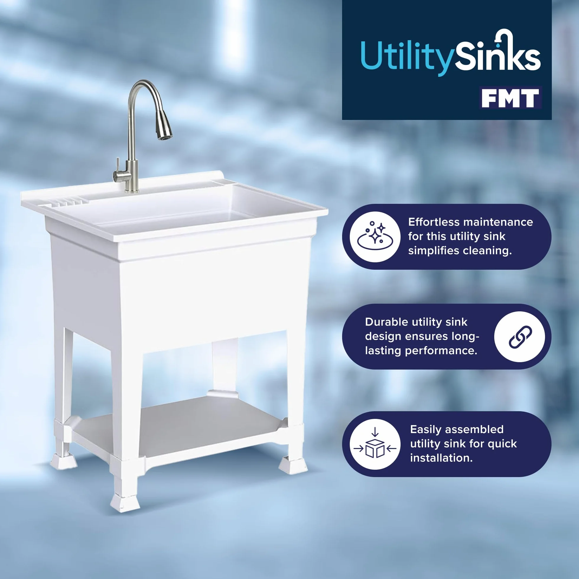 UTILITYSINKS Wolnostojąca wanna użytkowa, wykonana w USA, 61 cm x 61 cm, ze stacją roboczą, wytrzymały zlew do stacji pracy, pralni, sklepu, biała
