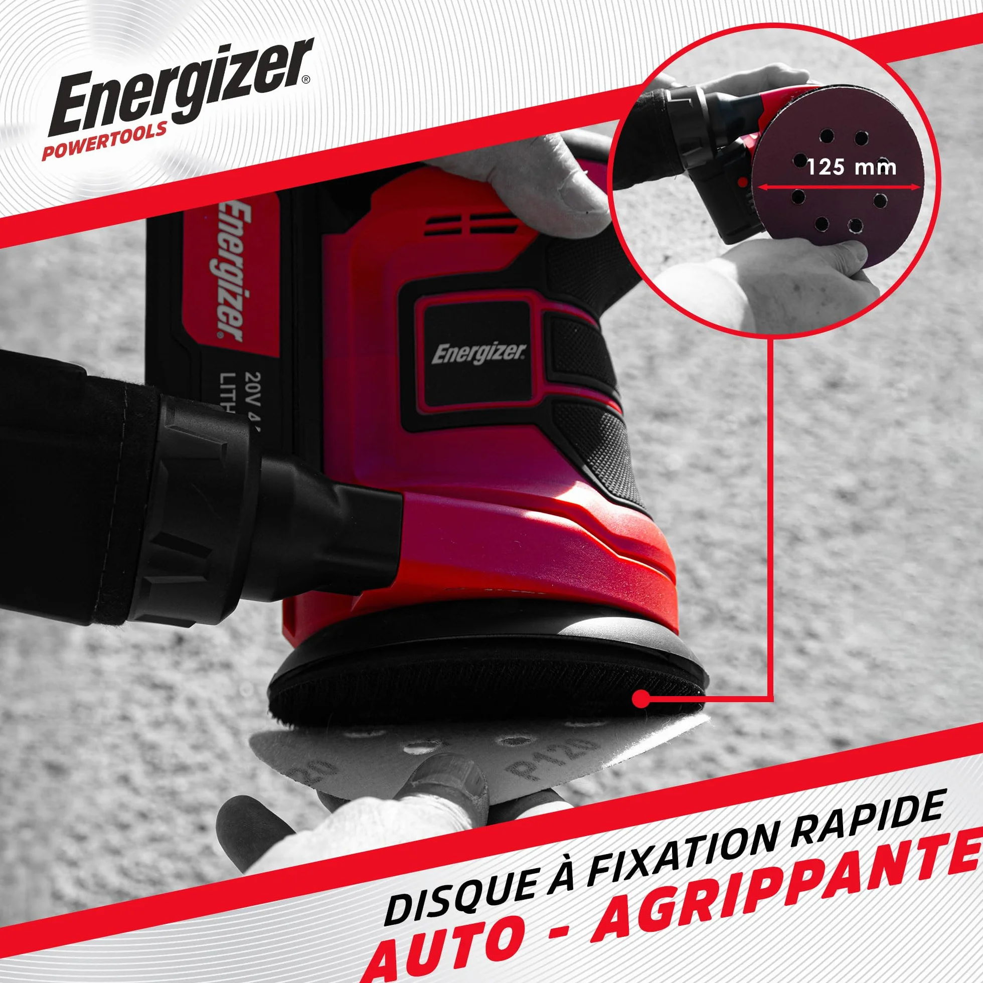 Energizer Bezprzewodowa szlifierka tarczowa 20 V, 10000 obr./min, 6 regulowanych prędkości - samozaciskowa taca 125 mm, torba kolekcjonerska, 10 dysków w zestawie - w zestawie 2 baterie 20 V 2 AH +