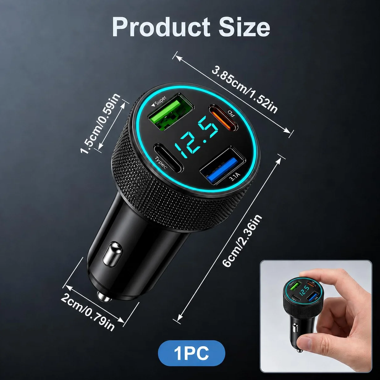 Ładowarka samochodowa 67,5W 4 porty USB C PD 30W USB A QC 22,5W z wyświetlaczem LED napięcia 12V/24V