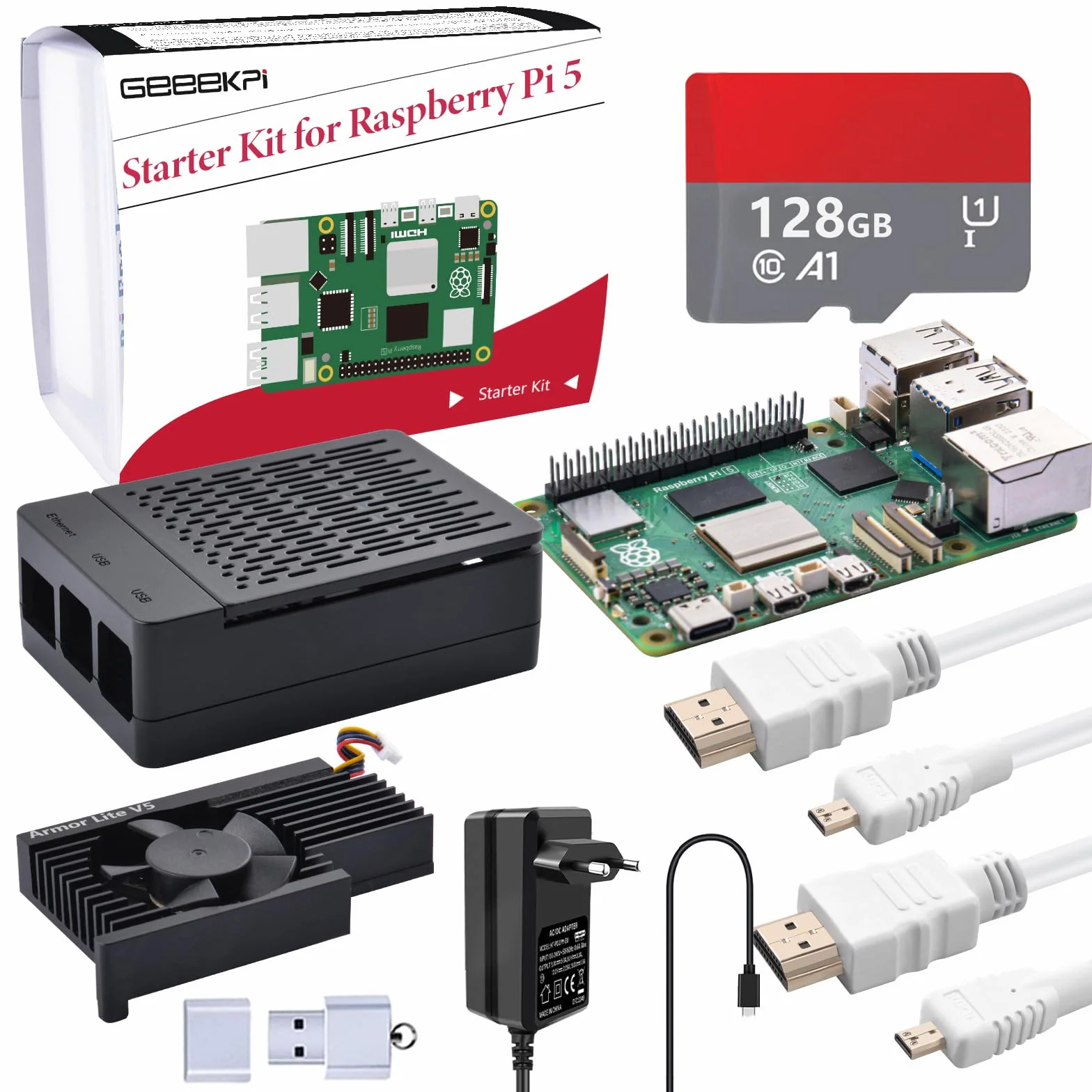 GeeekPi Zestaw startowy dla Raspberry Pi 5 8 GB, w tym płytka RAM Pi 5 8 GB, karta SD 128 GB i czytnik kart, obudowa ABS Pi 5 z aktywną chłodnicą Armor Lite V5, zasilacz 27 W 5,1 V 5 A USB C