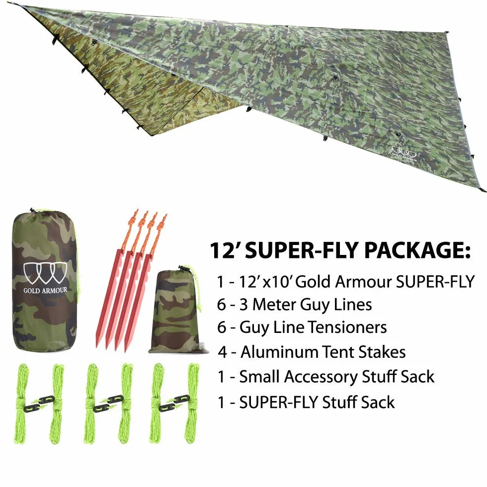 Gold Armour Rainfly Tarp do hamaka, wysokiej jakości osłona przeciwdeszczowa 4,5 m/ 3,5 m/ 3 m/ 2,5 m, wodoodporny, ultralekki sprzęt survivalowy i akcesoria do namiotu (moro, 3,5 × 3 m)