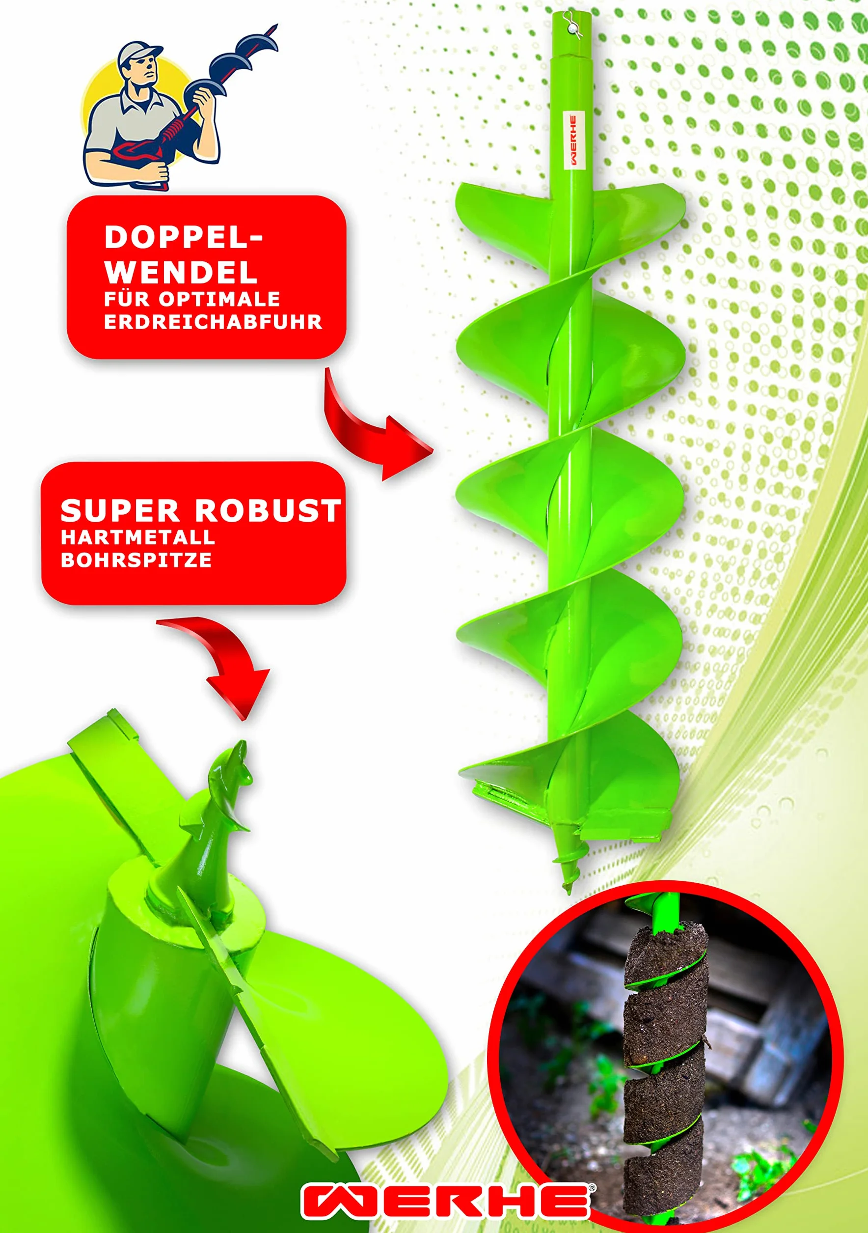 WERHE świder ziemny 250 mm, podwójna spirala, stal, adapter SDS Plus | długość całkowita 800 mm, głębokość robocza 760 mm, waga 8,9 kg, grot centrujący, do wiercenia pod słupki i fundamentów