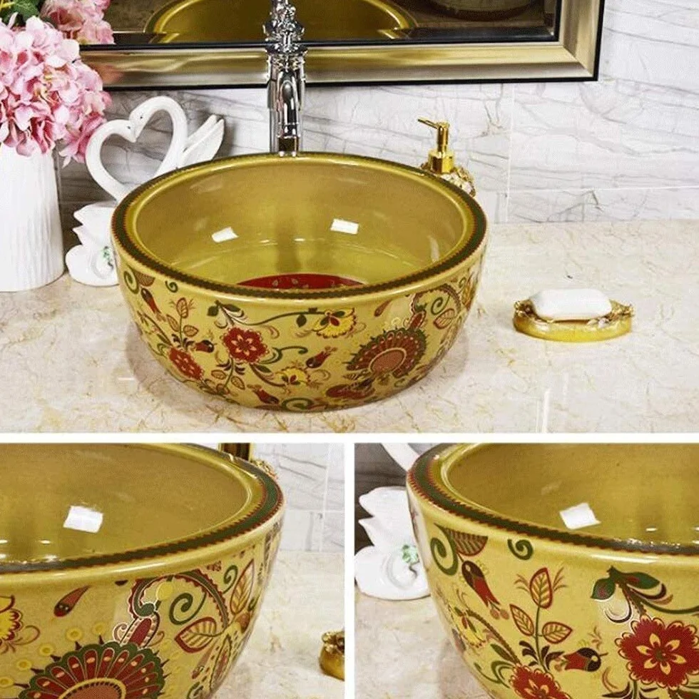 Szafka Pod Umywalkę Z Umywalką, Umywalka Łazienkowa Nablatowa, Okrągła Ceramiczna Umywalka Łazienkowa Nablatowa W Stylu Vintage, Porcelanowa Miska Nablatowa