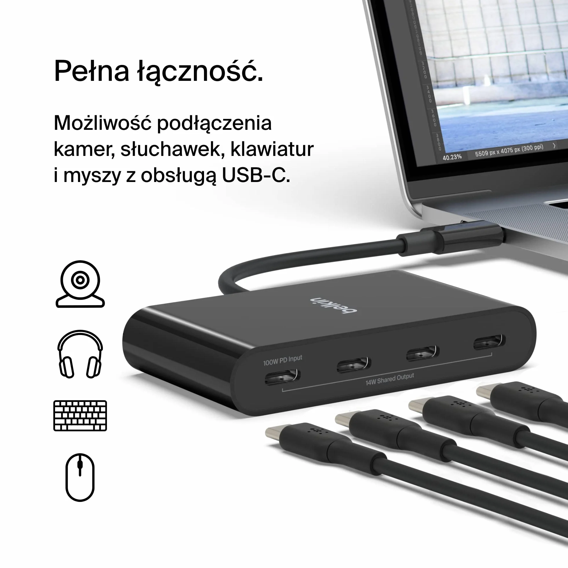 Belkin Hub USB-C, wieloportowy adapter Dongle z 4 portami USB-C 3.2 Gen 2 i PD 100 W, maksymalna prędkość transferu danych 10 Gb/s, do urządzeń MacBook, iPad, Chromebook, PC i innych, czarny