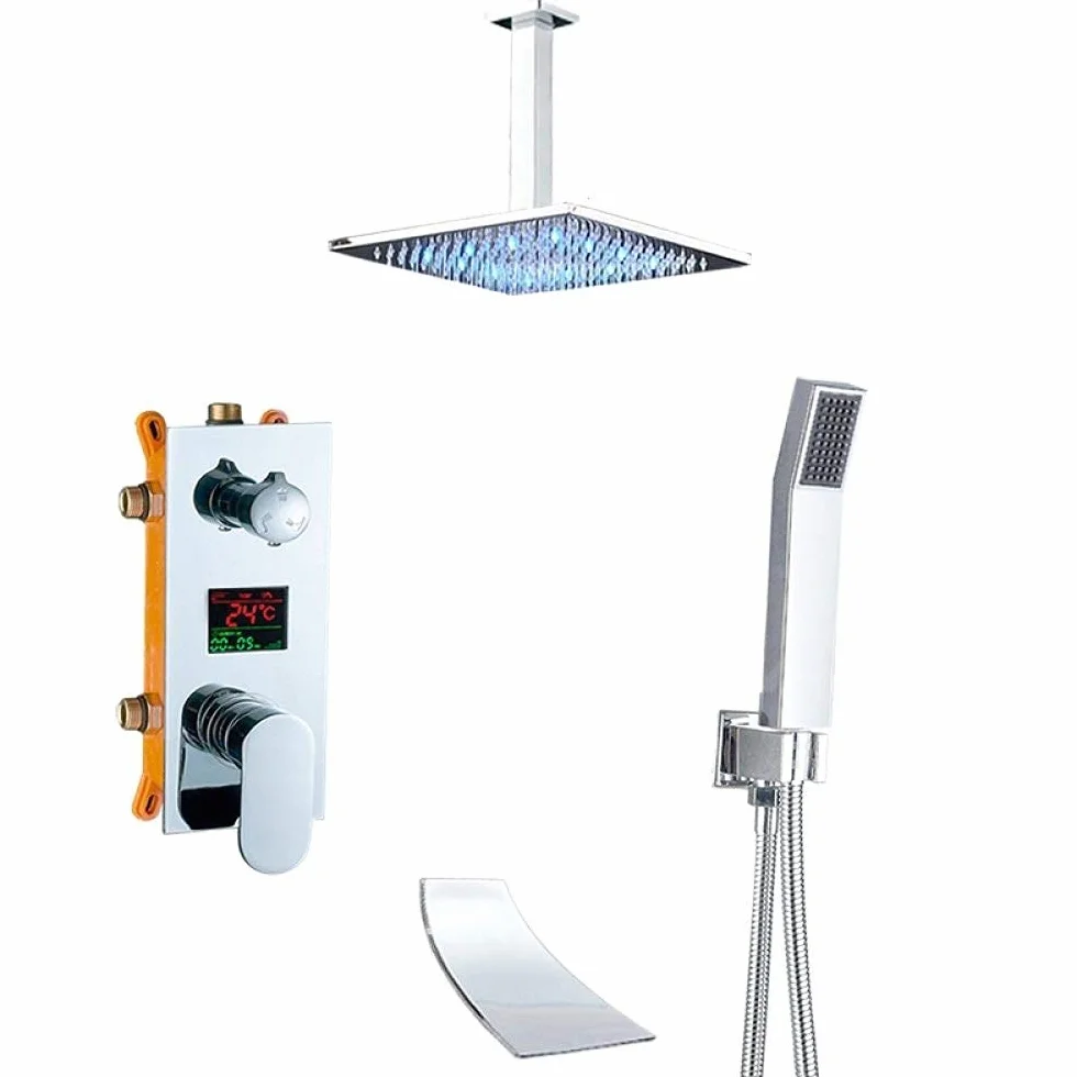 Nowoczesny chromowany system natryskowy z deszczownicą i zabudowaną baterią wannową, zestaw natryskowy ścienny do łazienki (16 cali)