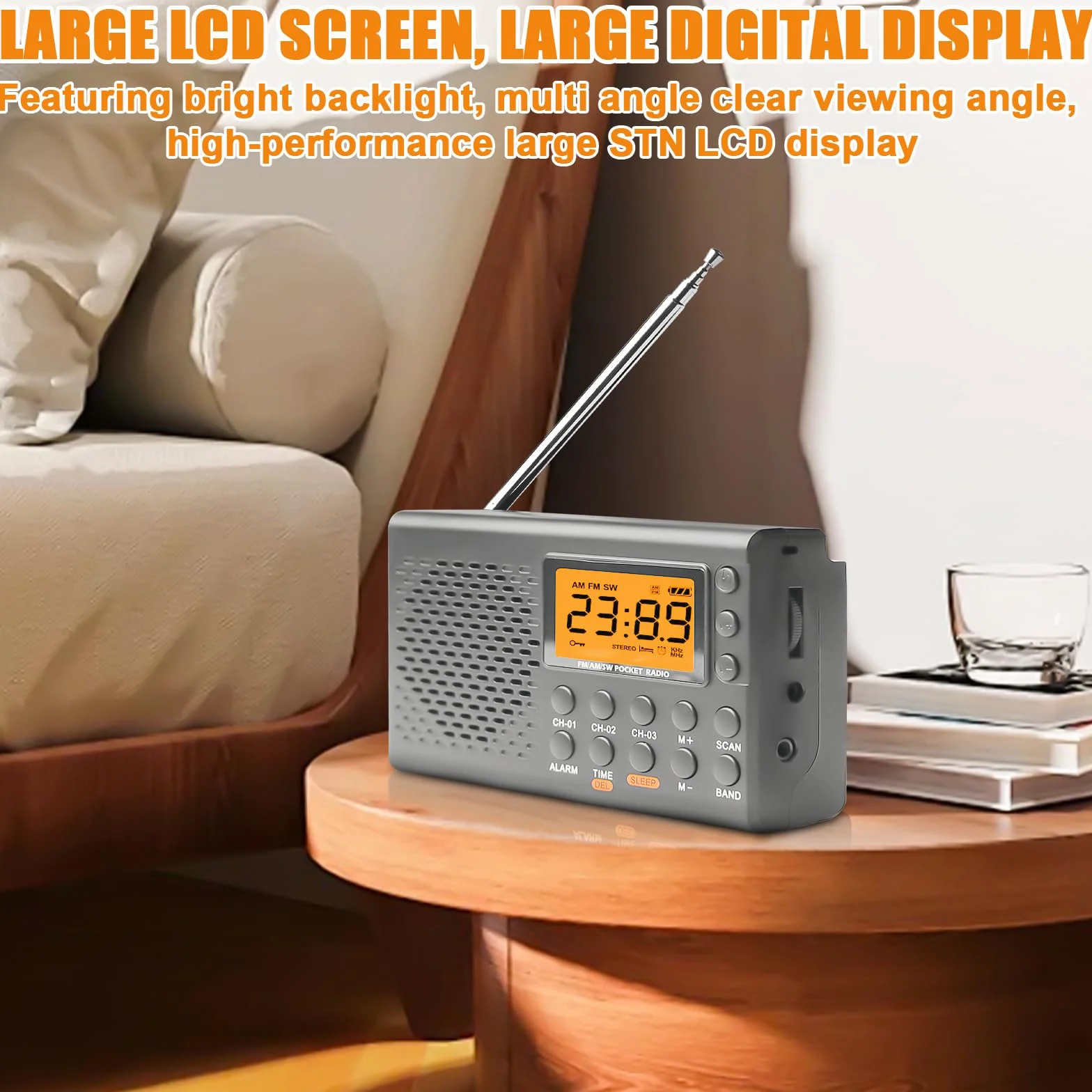 Przenośne radio AM FM SW z wyświetlaczem LCD, małe radio walizkowe, 35 ustawień wstępnych