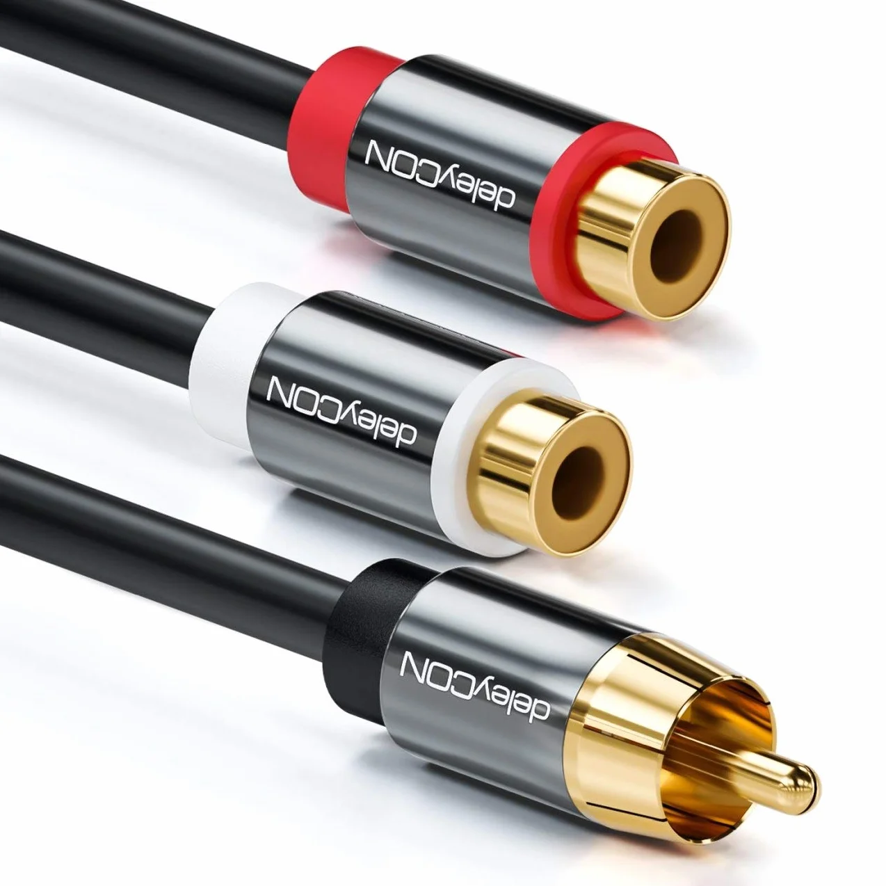 deleyCON 0,20m Kabel Audio AUX Cinch Y‑Adapter Przewód Rozdzielający do Subwoofera 1x Wtyk na 2x Gniazdo RCA Pozłacane Styki