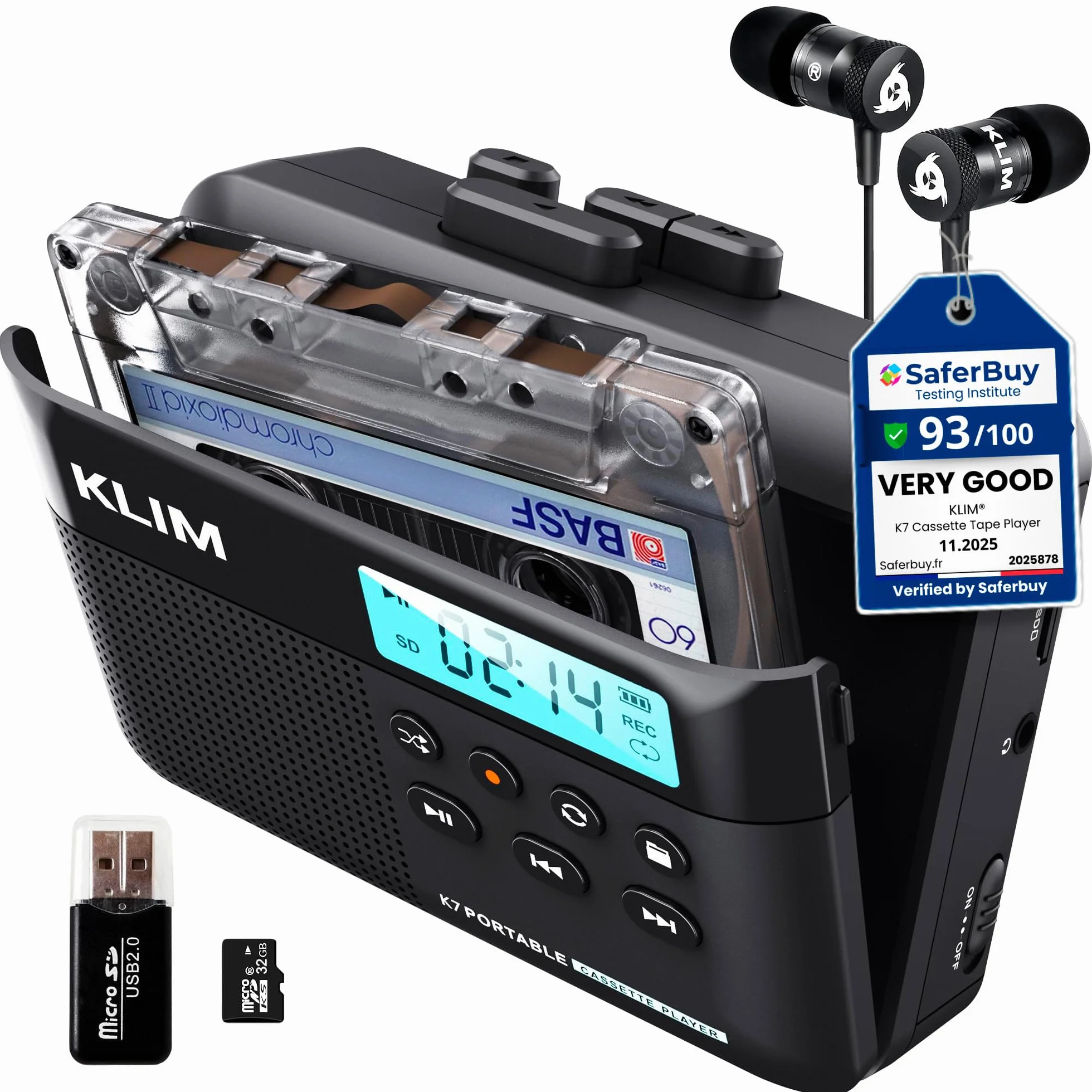 KLIM K7 Odtwarzacz kasetowy Walkman z konwerterem na MP3, wbudowany mikrofon, głośnik, karta SD 16 GB