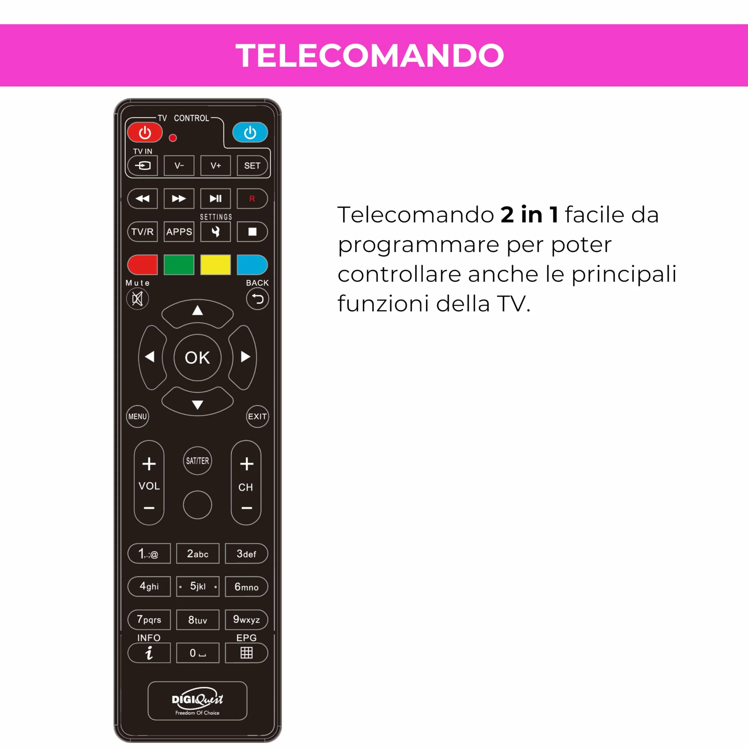 DIGIQUEST Odbiornik satelitarny tivùsat Combo 4K Q80 HbbTV podwójny tuner nagrywanie Mediaplayer pilot 2 w 1 Smartcard czarny