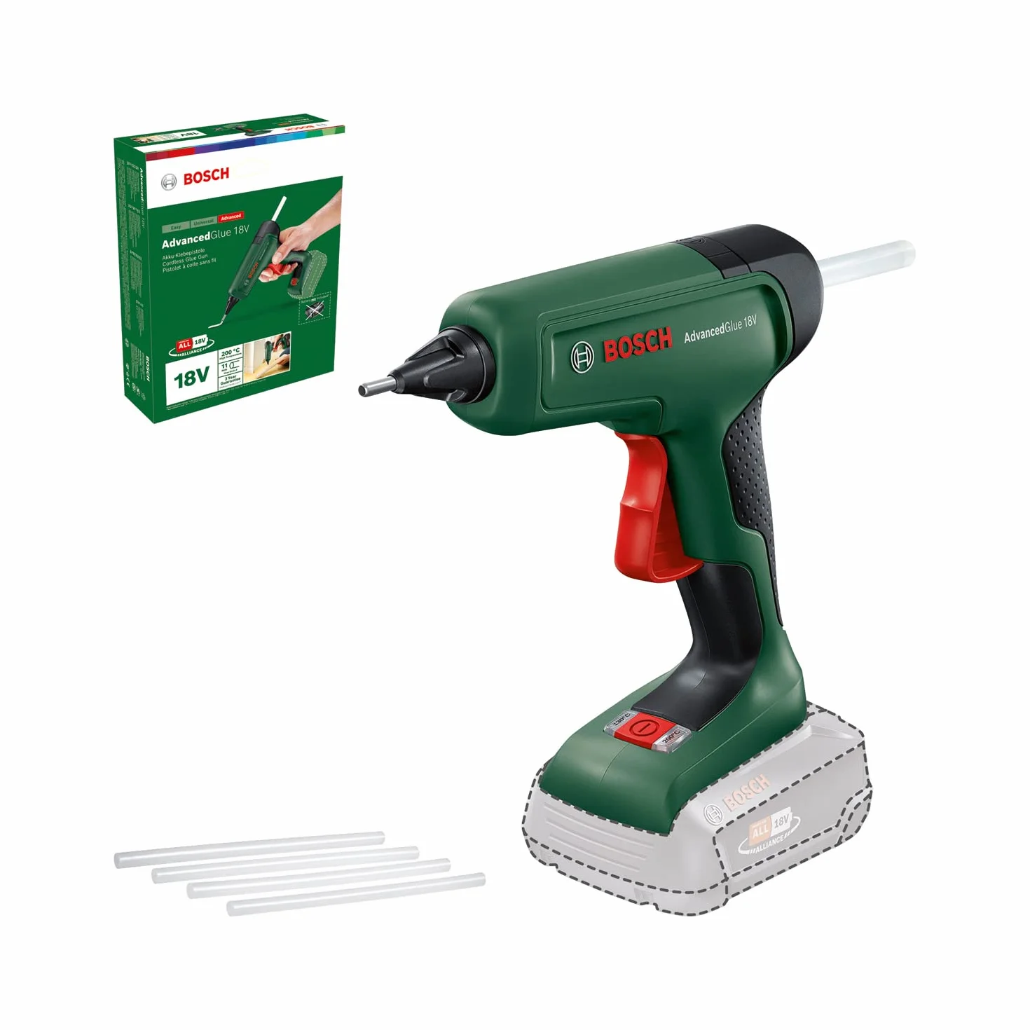 Bosch Home And Garden Akumulatorowy Pistolet do Klejenia, AdvancedGlue 18 V, bez Akumulatora, System 18 V, 4 x Sztyfty Kleju, Nagrzewanie w 90 Sekund, Tryb Dual Temp 130 °C - 200 °C