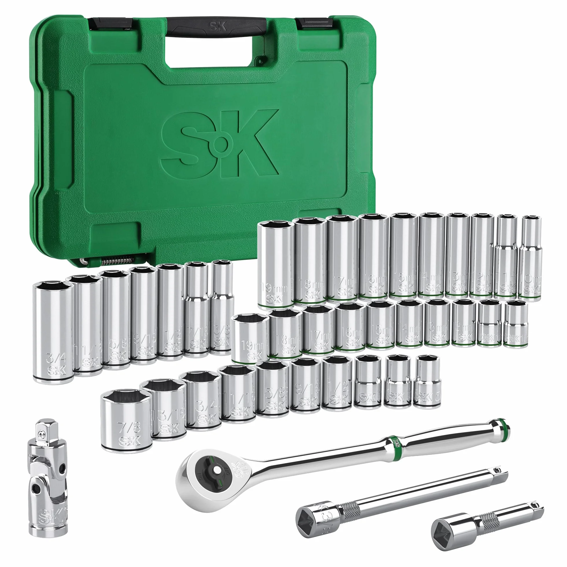 SK Zestaw nasadek napędowych 3/20.3 cm z grzechotką 216-P, 41-częściowy, SAE i metryczny, wykończenie SuperKrome, Preminum CR-V, z walizką do przechowywania