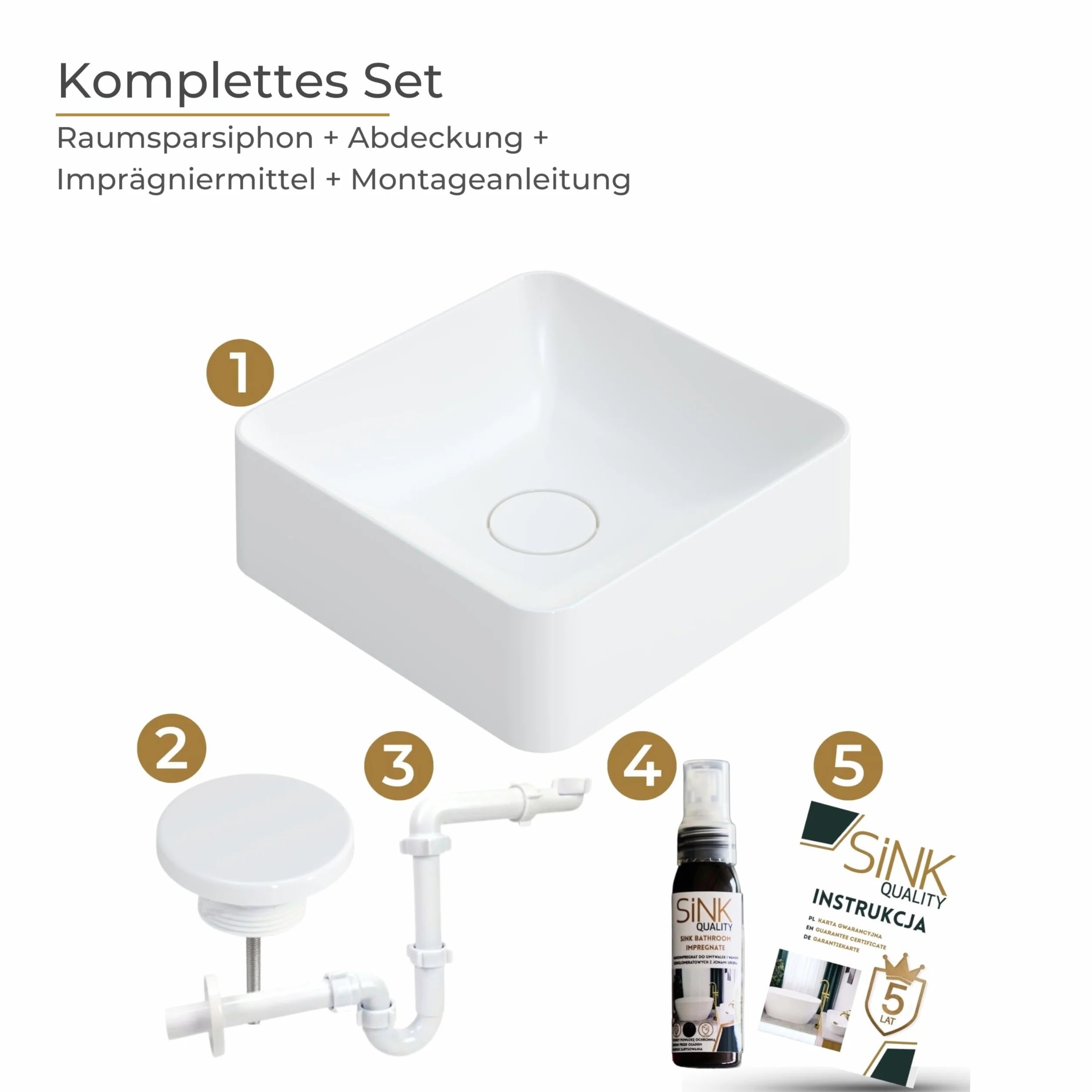 SINK Quality Umywalka nablatowa, biała, z połyskiem, 39 x 39 cm – umywalka kwadratowa bez otworu na kran z kompozytu mineralnego S-MARBLE, umywalka do łazienki i WC dla gości z pokrywą odpływu i