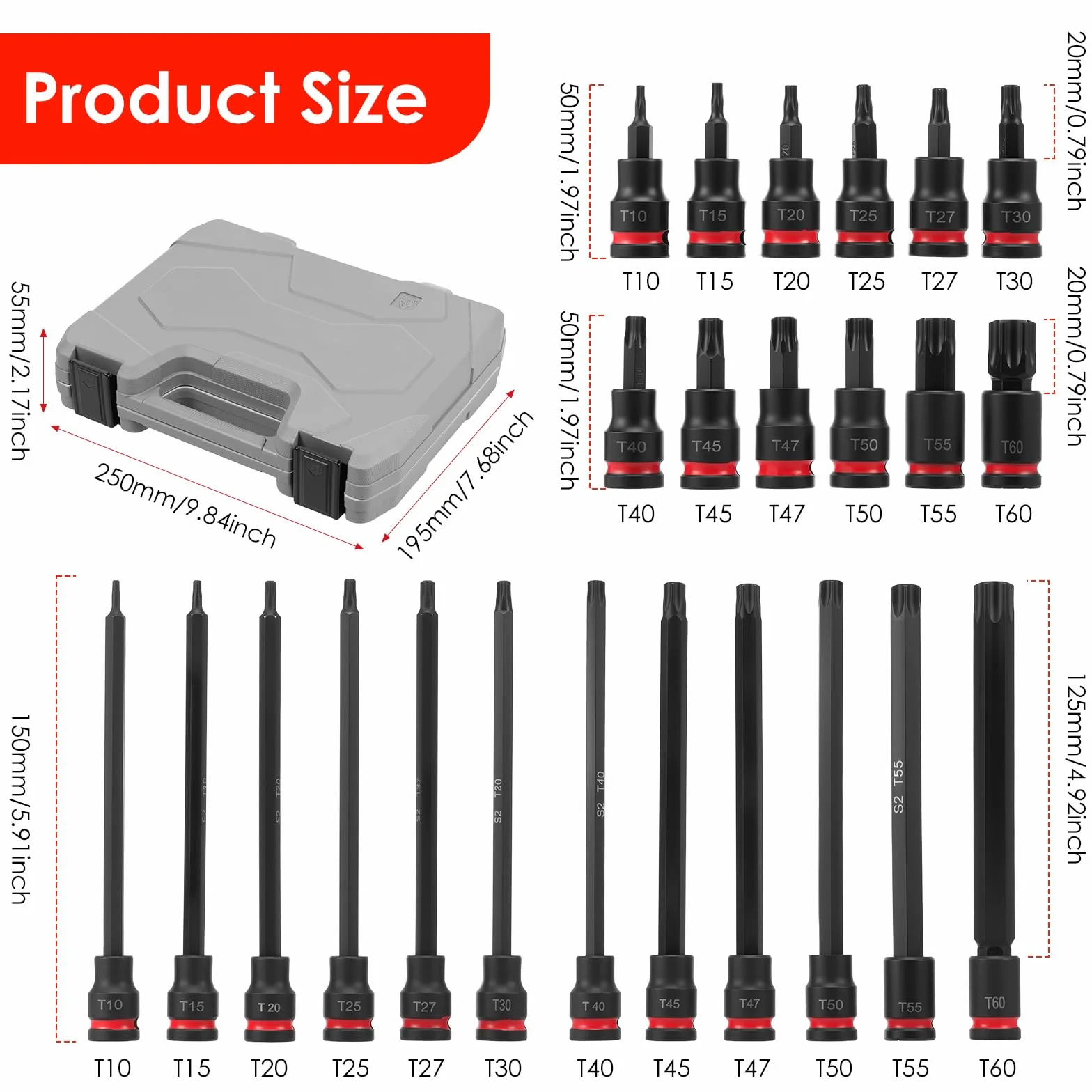 24-częściowy zestaw bitów Torx z napędem 3/8", T10 do T60, łatwo dostępny, odporny na uderzenia, zestaw tulejek Torx do profesjonalnych projektów, konserwacji mechanicznej, ciężkich zadań