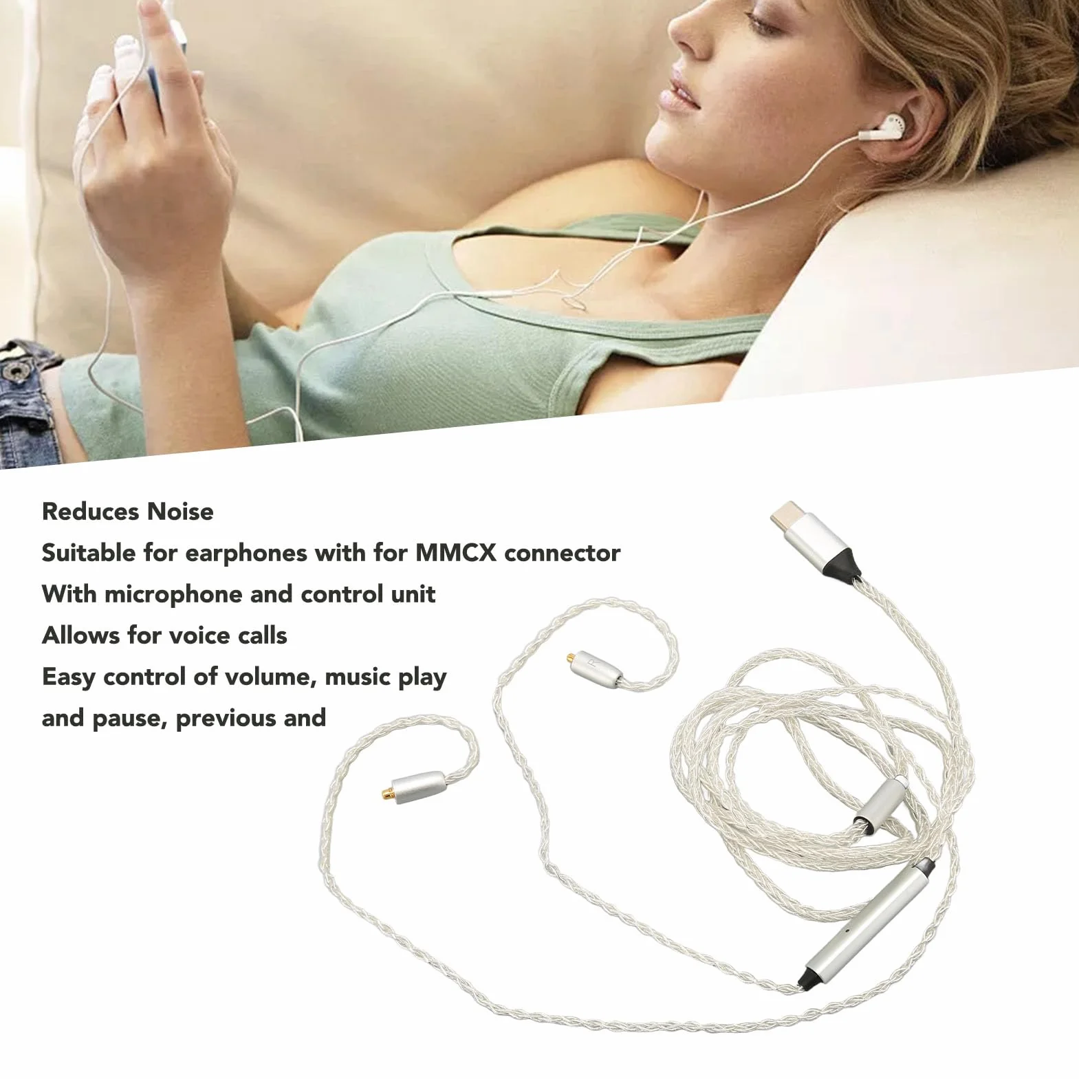Kabel Słuchawkowy Typu C do MMCX z Mikrofonem, Beztlenowy Miedziany, do SE215 SE315 SE535 SE846 UE900, Biały, 3.9ft