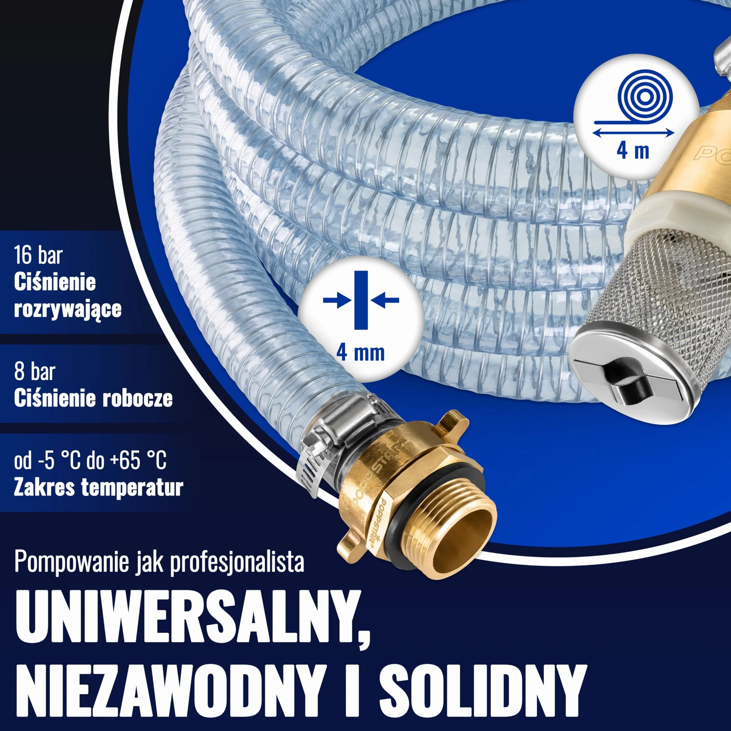 Poppstar Wąż ssący 1 cal 4m (ID 25mm, AD 33mm, grubość ścianki 4mm), w zestawie kosz ze stali nierdzewnej z zaworem zwrotnym, nakrętka zaciskowa ID 1 1/4" (41,9mm), kawałek redukcyjny AD 1" (33,3mm)