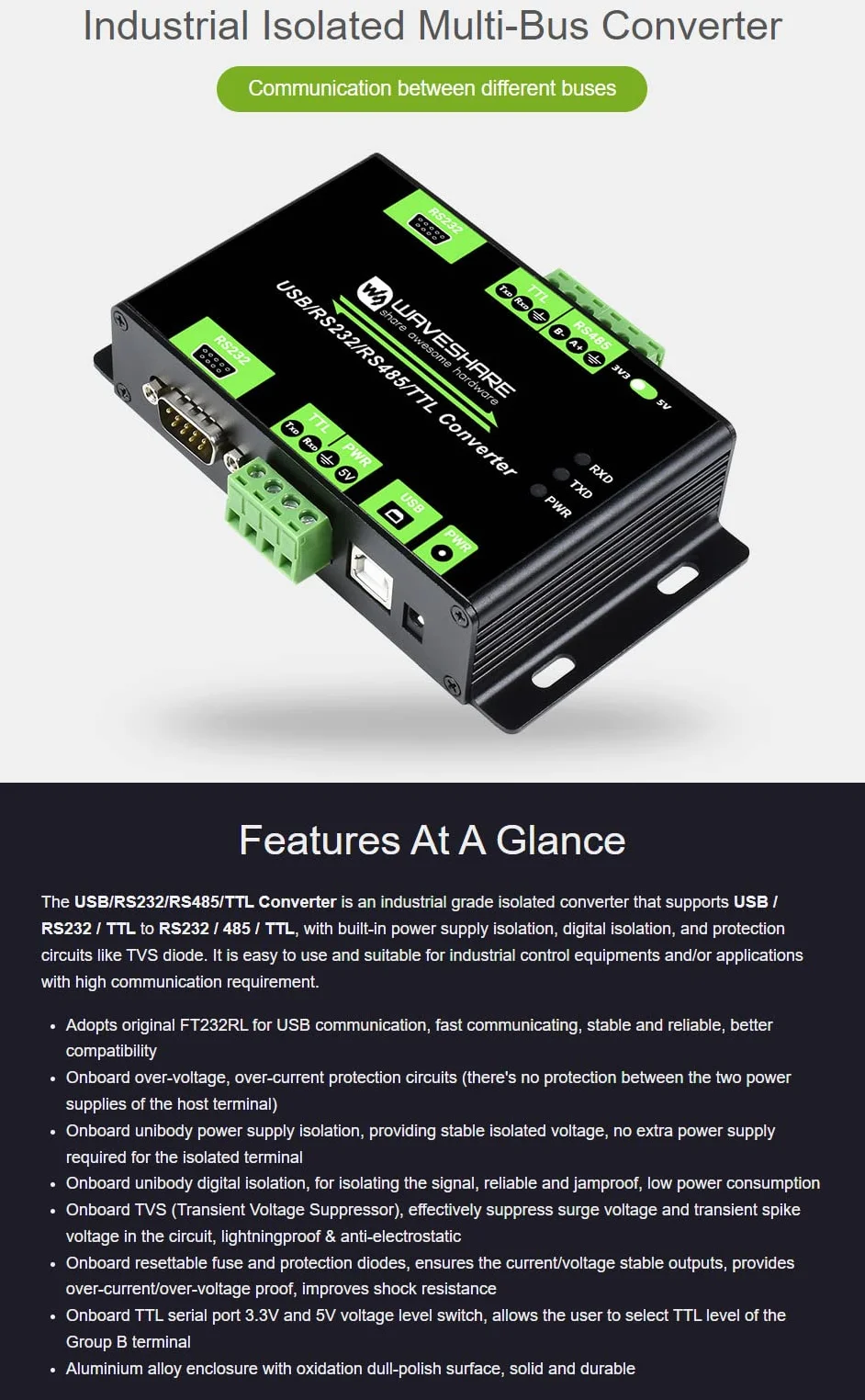 Waveshare Industrial Isolated Multi-Bus Converter USB RS232 RS485 TTL Communication
