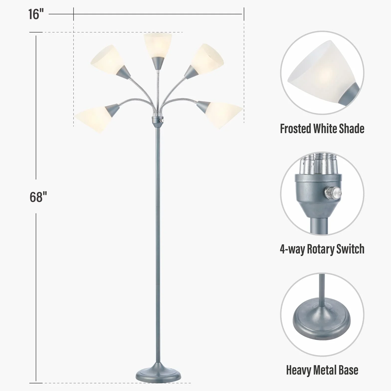 HonoDing Meduza Lampy Podłogowe Lampy Podłogowe 5 Głowic Regulowana Lampka do czytania Duży Klosz Wykorzystuje Lampy Podłogowe E26 Żarówka A19 Do Salonu Sypialni (Srebrny)